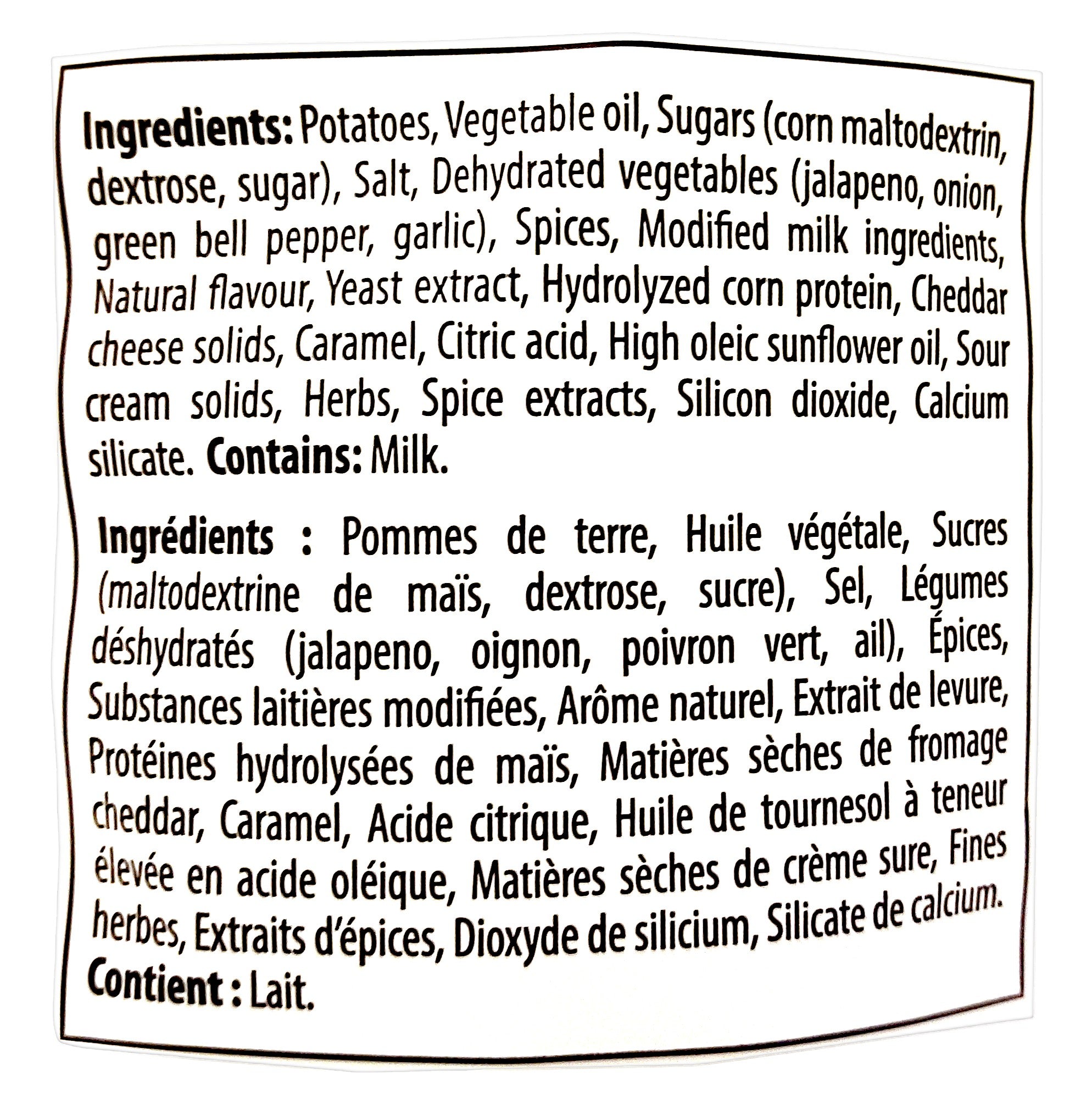 Old Dutch Crunch Jalapeno & Cheddar Kettle Cooked Chips, 525g/1.2 lb., ingredients label