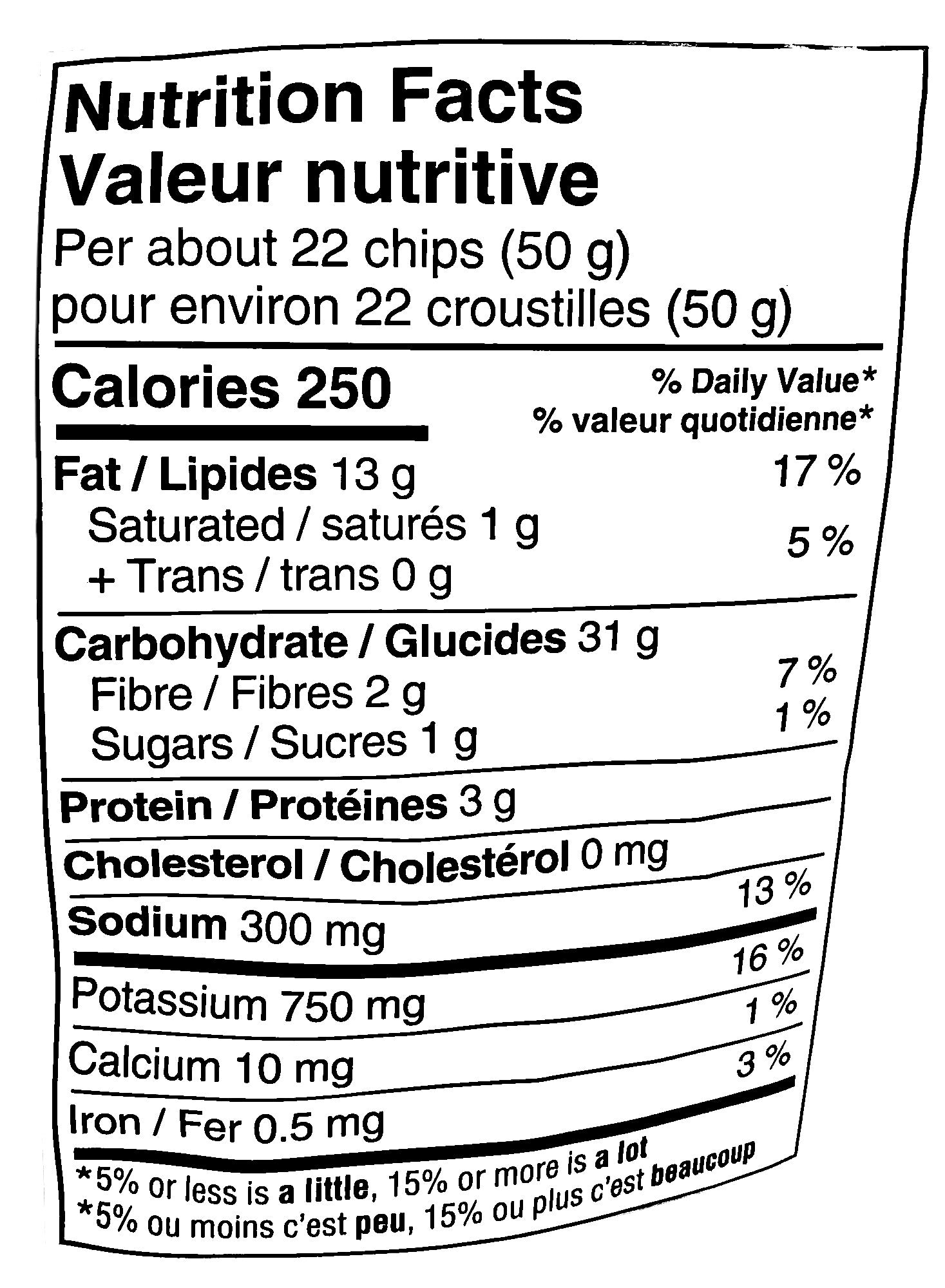 Old Dutch Crunch Jalapeno & Cheddar Kettle Cooked Chips, 525g/1.2 lb., nutrition facts label