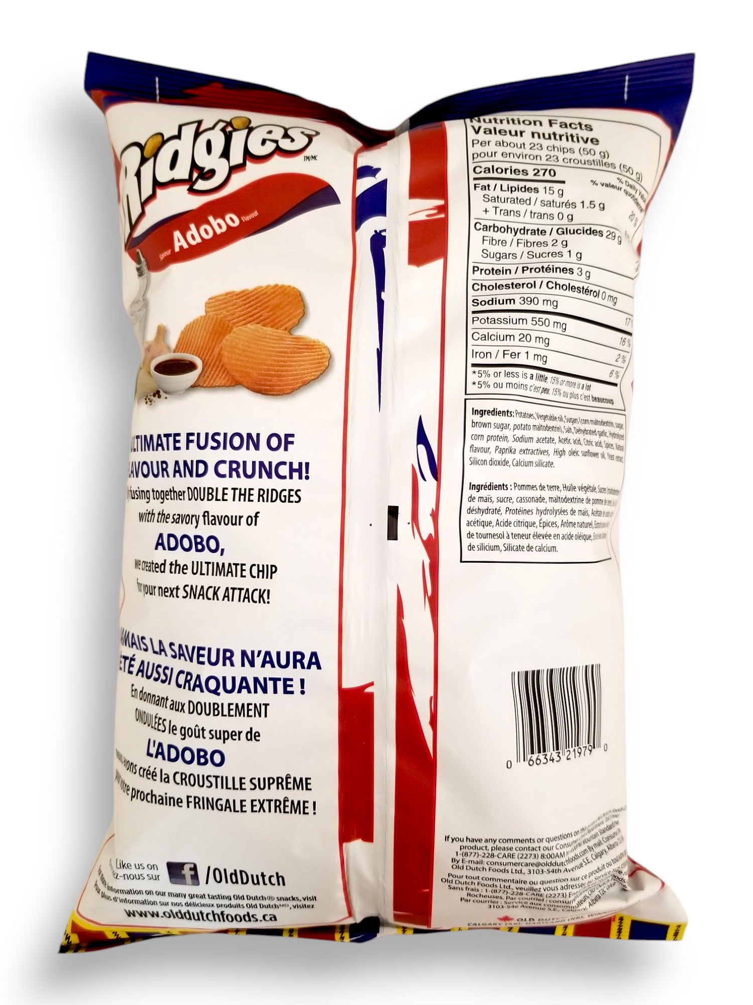 Old Dutch Ridgies Adobo Flavored Potato Chips, 200g/7 oz - Back Of Bag