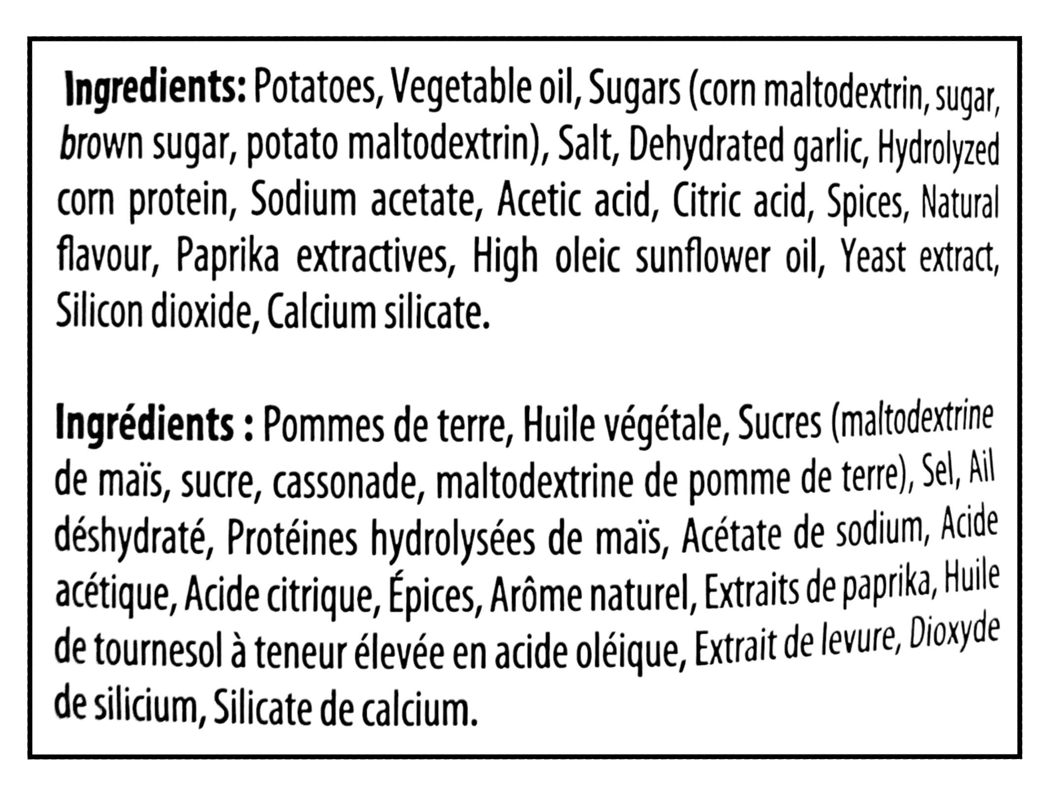 Old Dutch Ridgies Adobo Flavored Potato Chips, 200g/7 oz - Ingredients Label