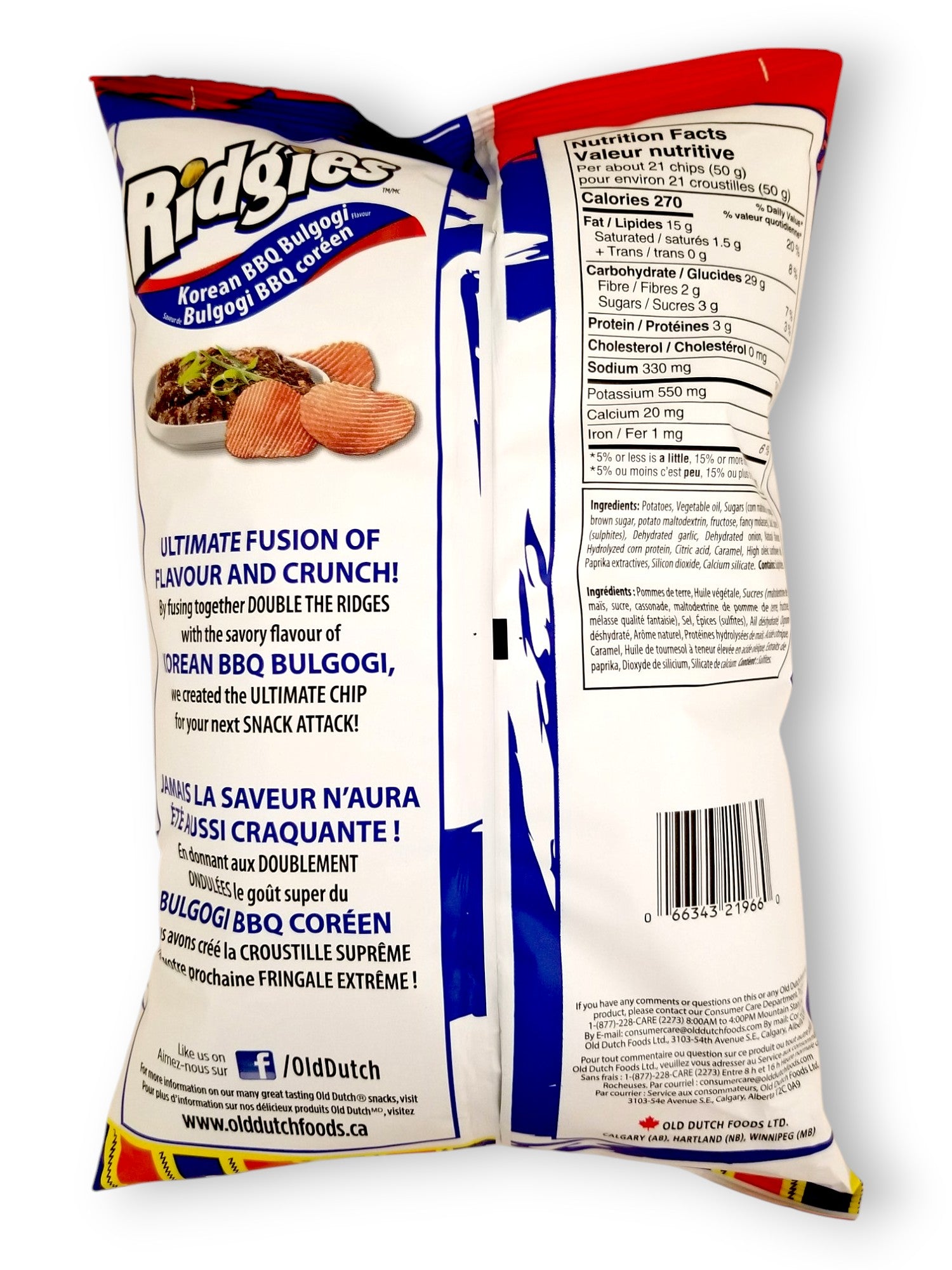 Old Dutch Ridgies Korean BBQ Bulgogi Potato Chips, 200g/7 oz - Back Of Bag
