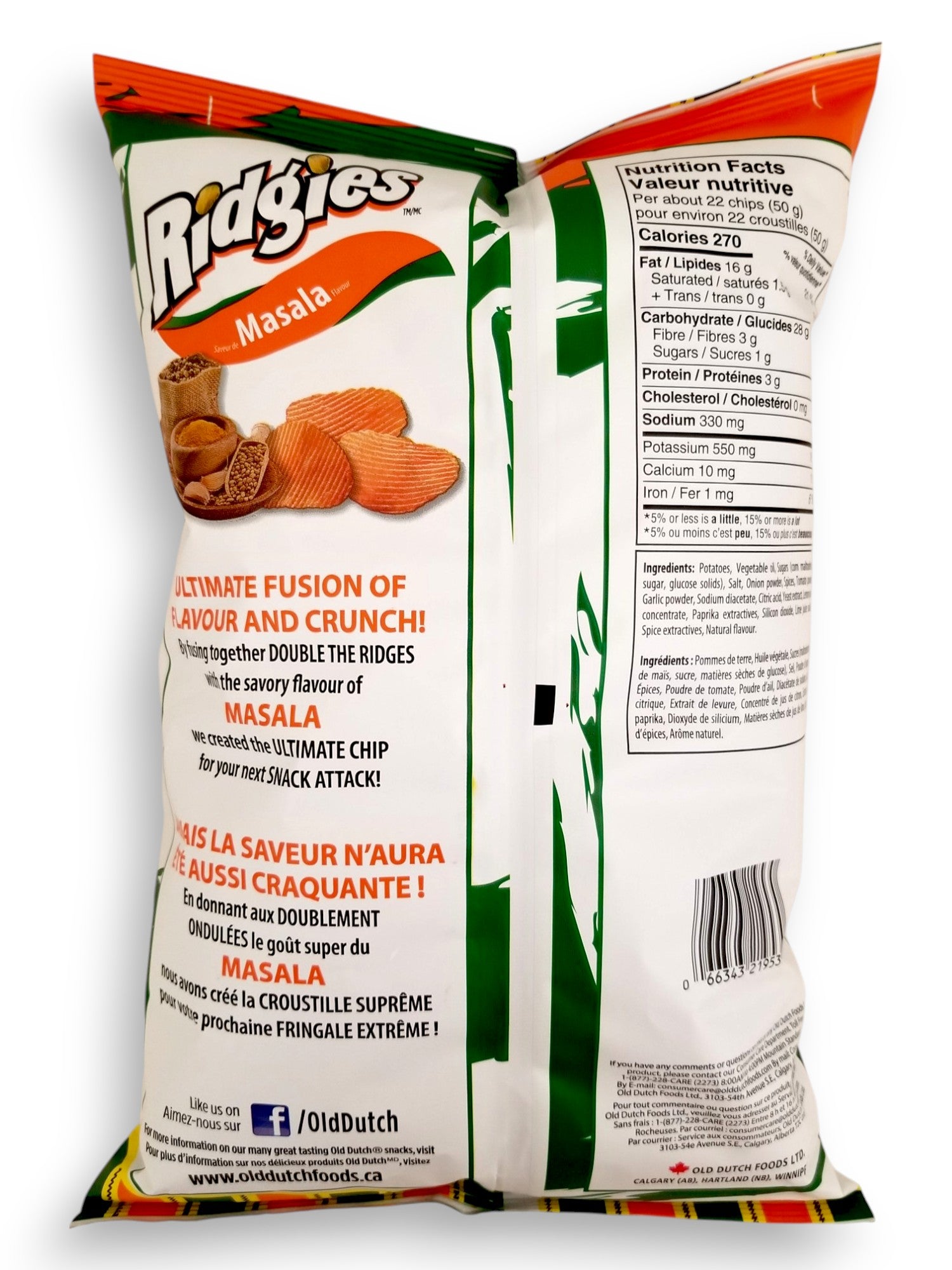 Old Dutch Ridgies Masala Flavored Potato Chips, 200g/7 oz - Back Of Bag