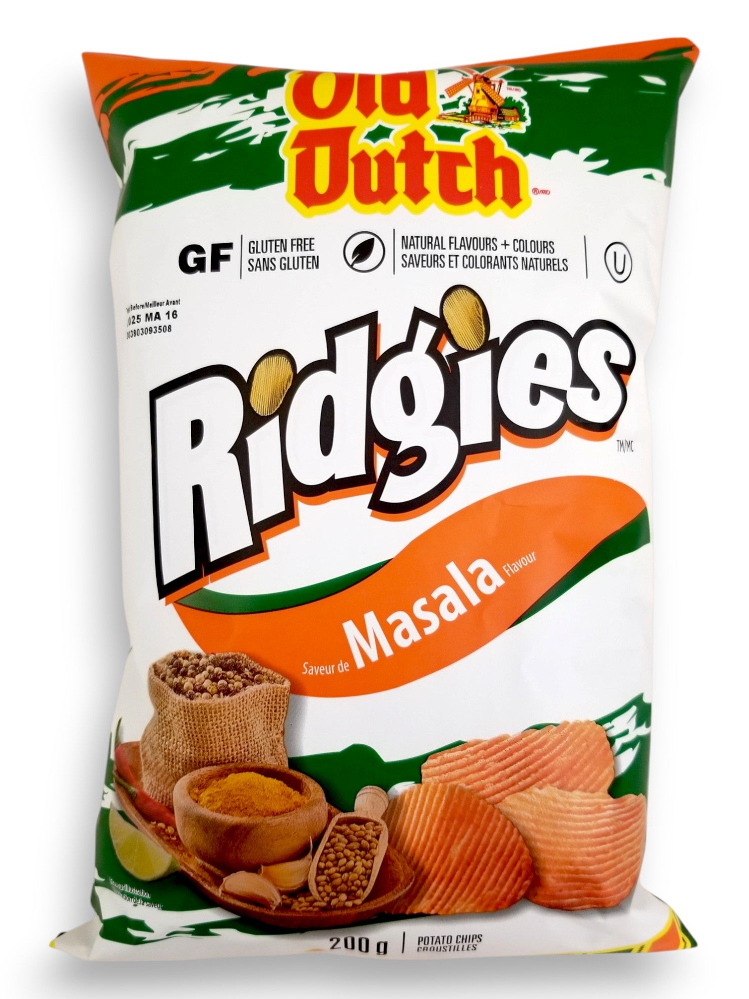 Old Dutch Ridgies Masala Flavored Potato Chips, 200g/7 oz - Front Of Bag