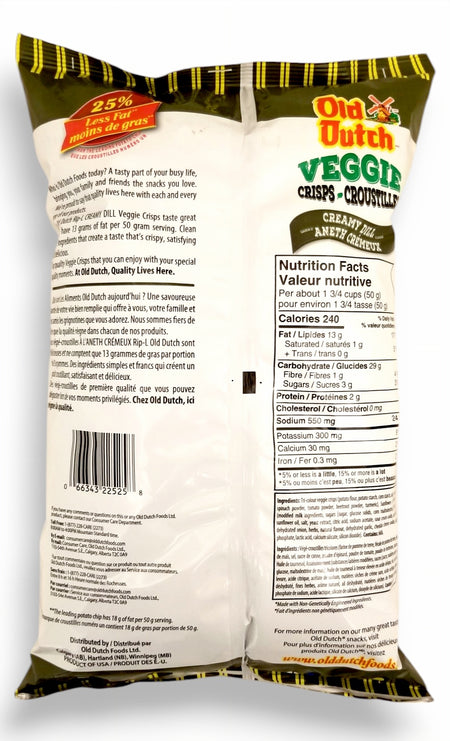 Old Dutch Rip-L Creamy Dill Veggie Chips, 200g/7.1 oz - Back