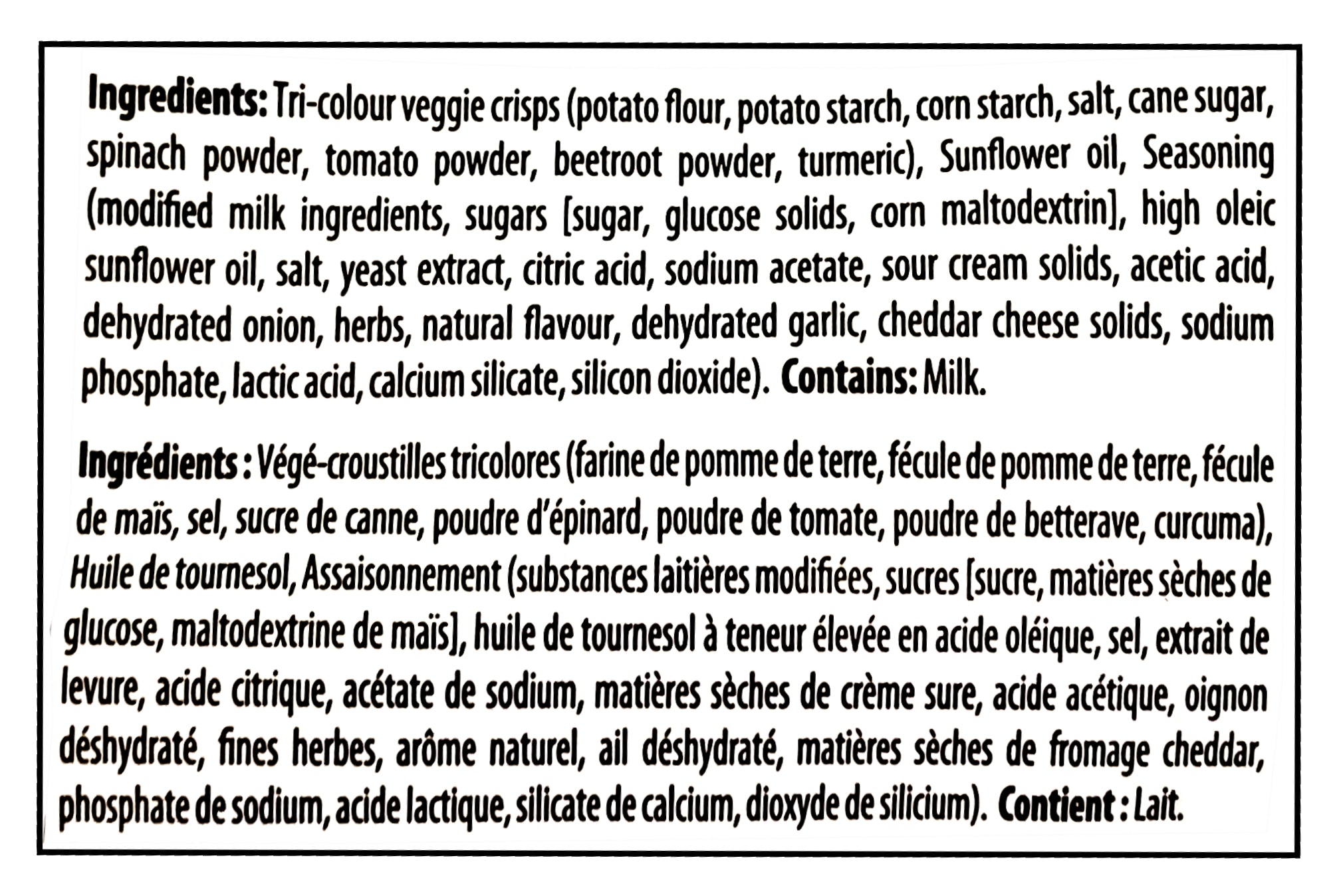 Old Dutch Rip-L Creamy Dill Veggie Chips, 200g/7.1 oz - Ingredients