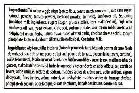 Old Dutch Rip-L Creamy Dill Veggie Chips, 200g/7.1 oz - Ingredients