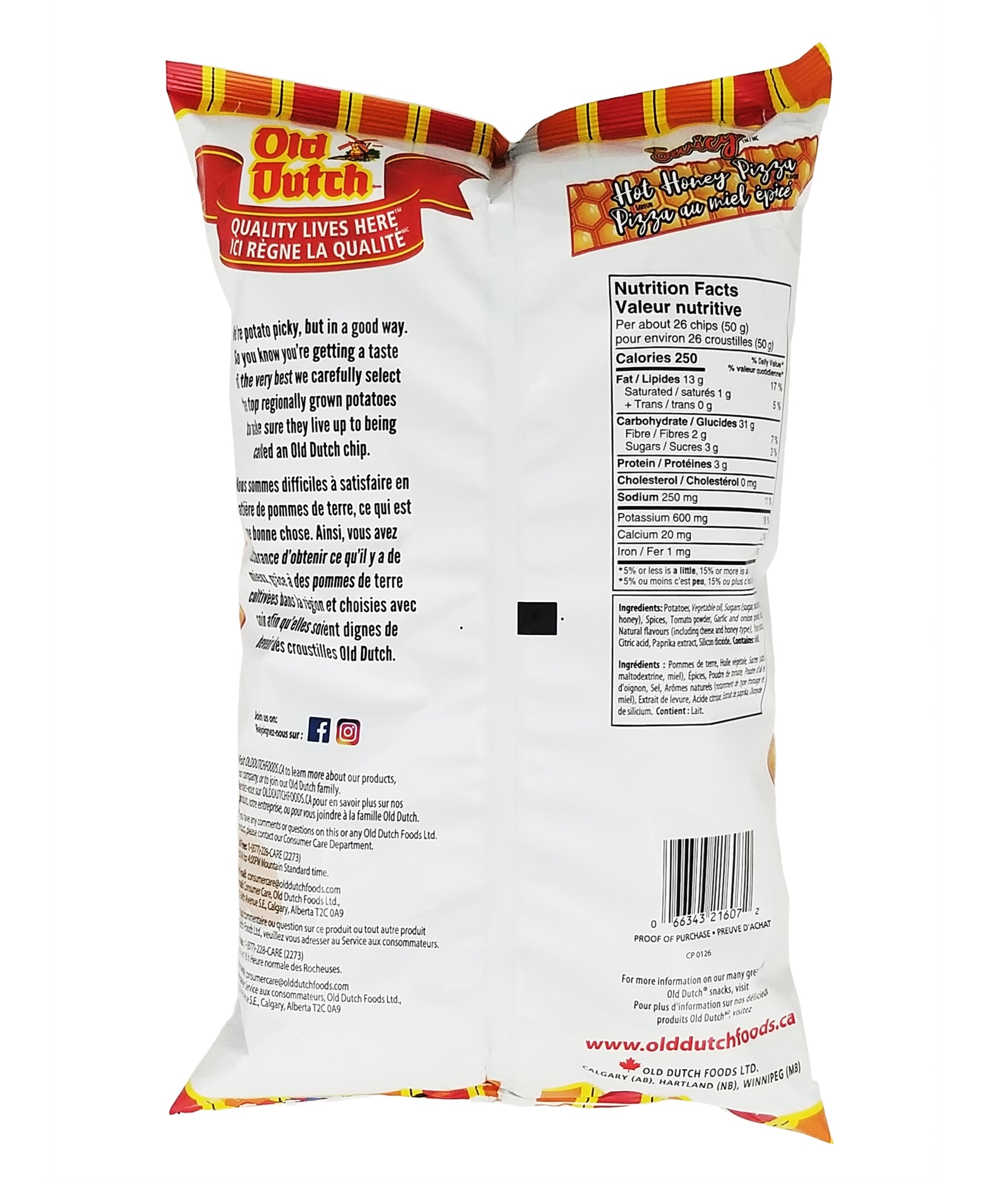Back view of an Old Dutch Swicy Hot Honey Pizza Potato Chips 220g bag with nutritional facts and branding.