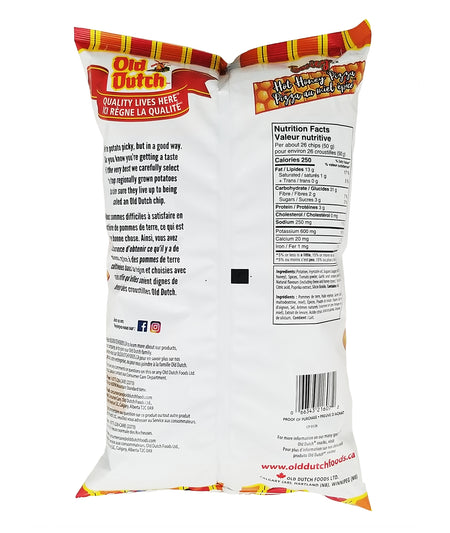 Back view of an Old Dutch Swicy Hot Honey Pizza Potato Chips 220g bag with nutritional facts and branding.