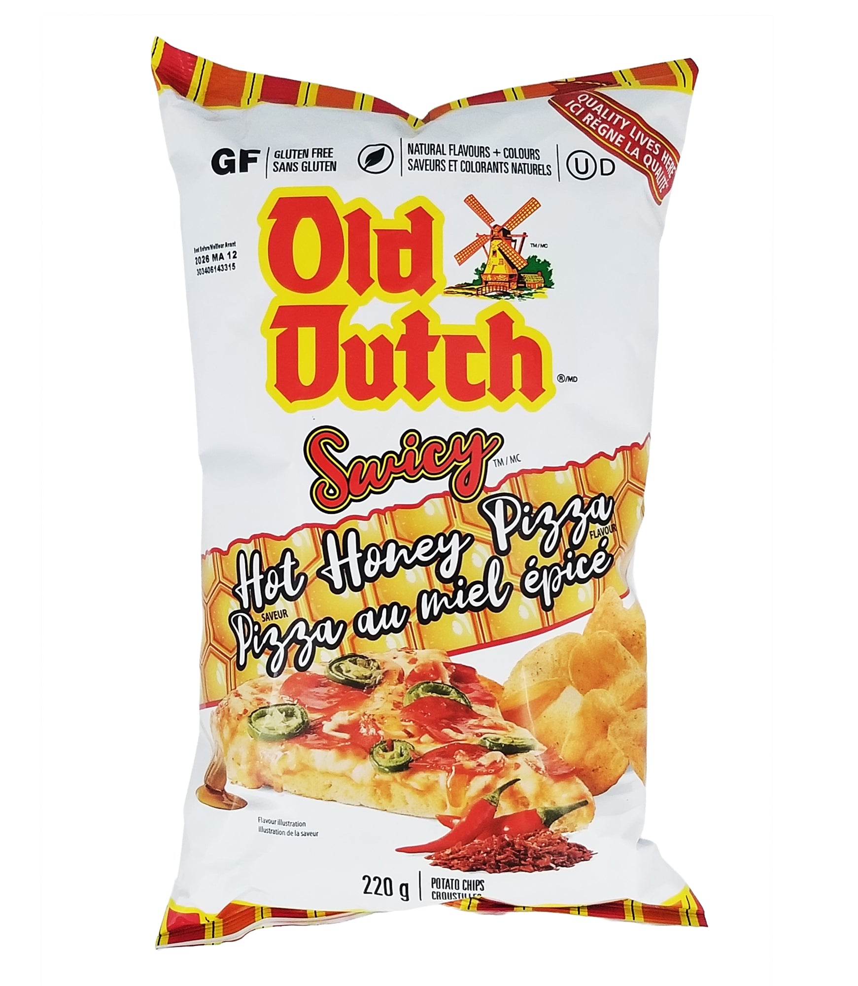 Old Dutch Swicy Hot Honey Pizza Potato Chips 220g packaging on a white background