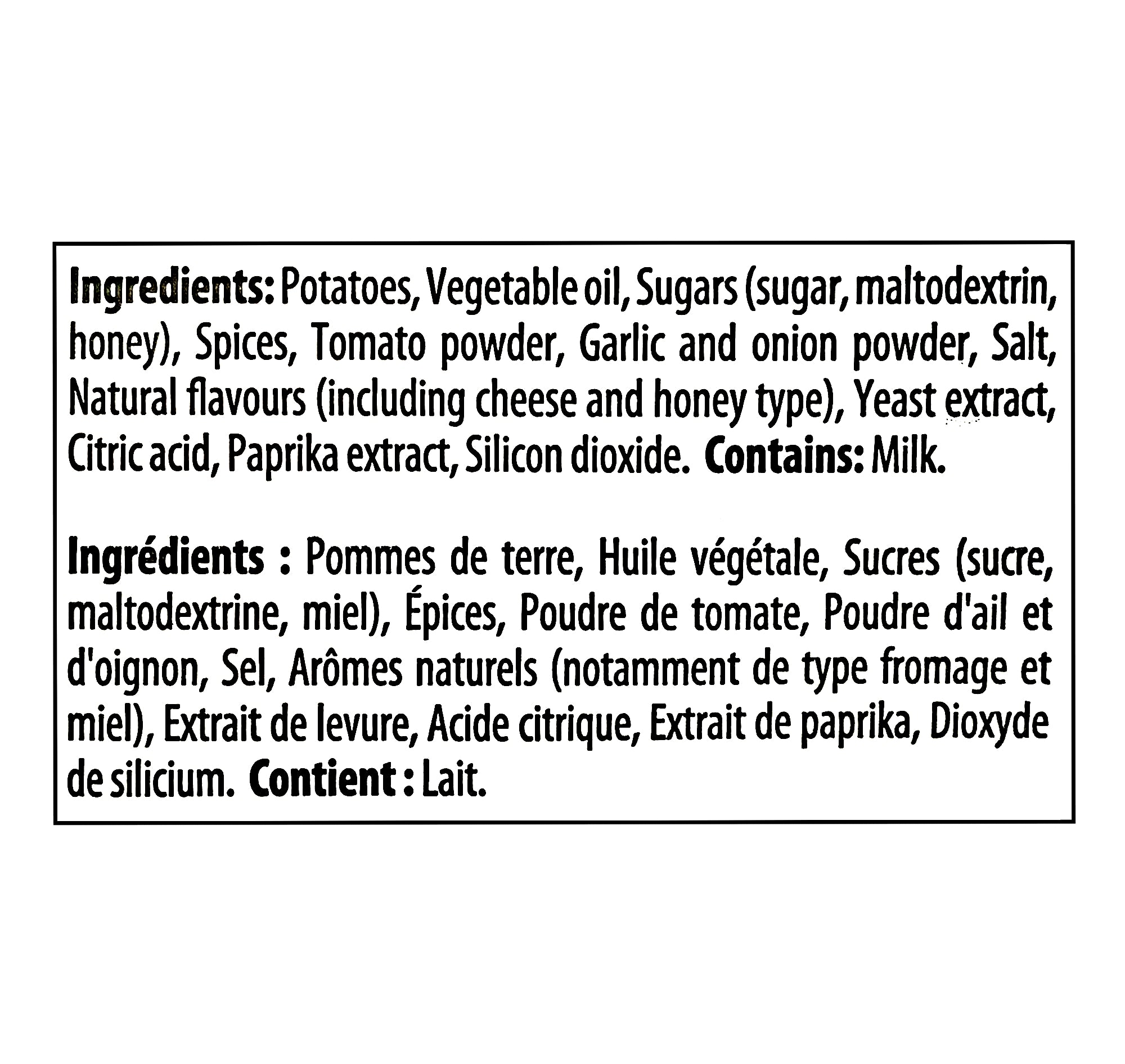 Ingredients list for Old Dutch Swicy Hot Honey Pizza Potato Chips 220g with black text on a white background