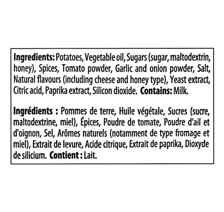 Ingredients list for Old Dutch Swicy Hot Honey Pizza Potato Chips 220g with black text on a white background