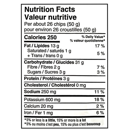 Nutrition facts label for Old Dutch Swicy Hot Honey Pizza Potato Chips 220g with detailed calorie and ingredient information.
