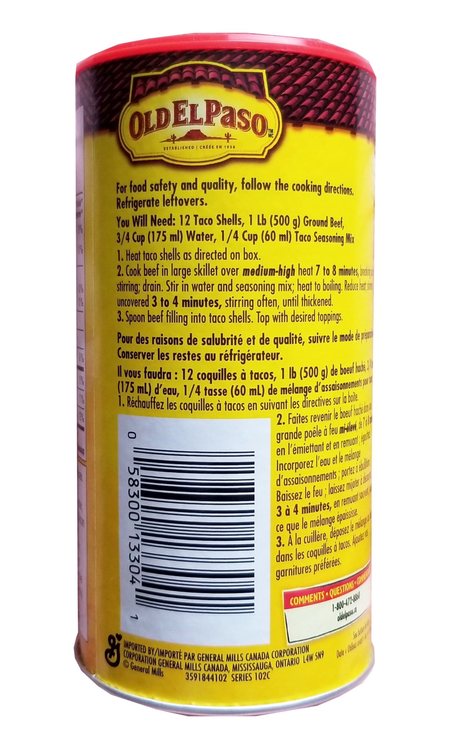 Old El Paso 25% Less Sodium Taco Seasoning Mix, Value Size, 177g/6.2oz - Back