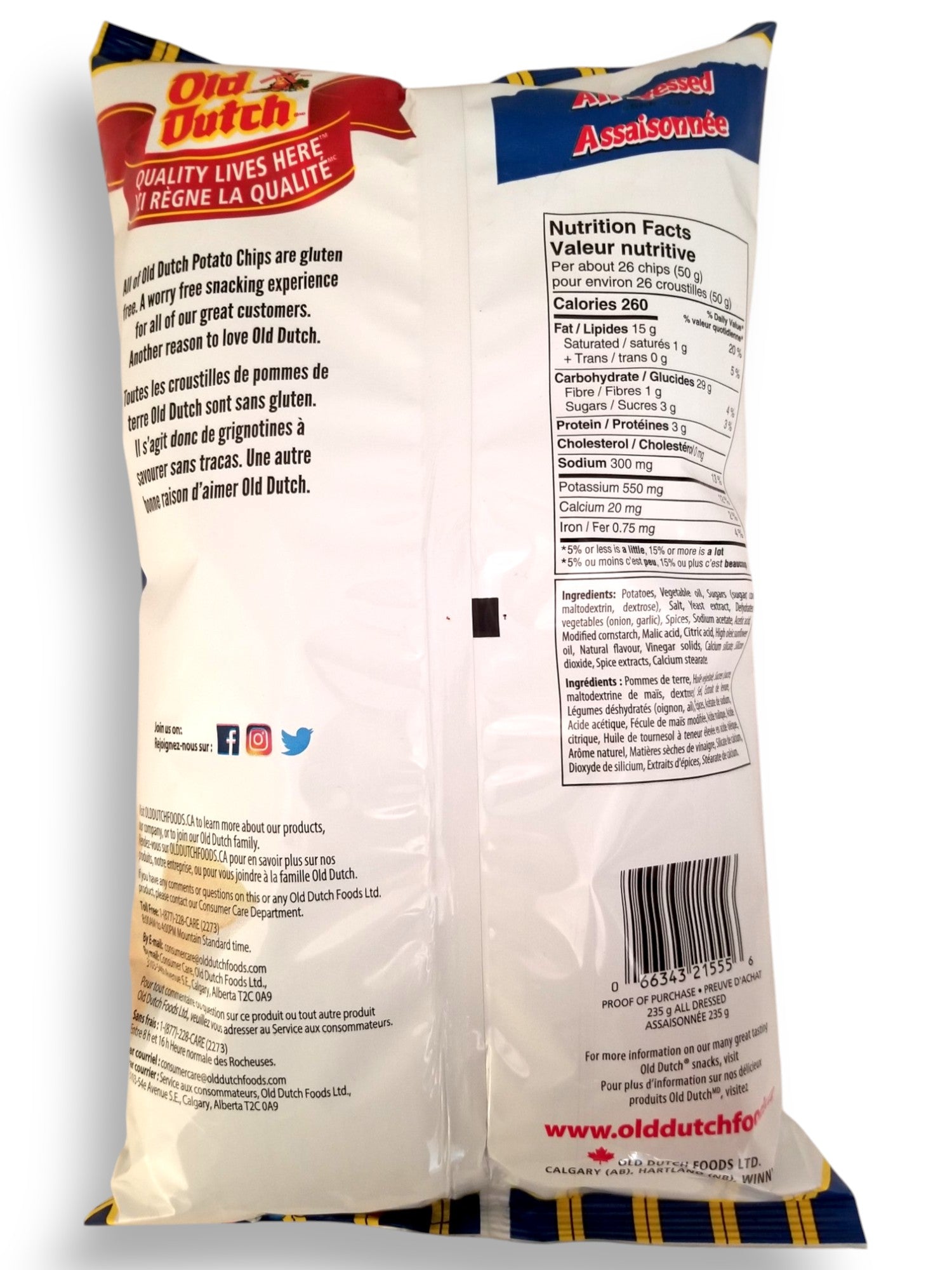 Old Dutch All Dressed Potato Chips, 235g/8.3 oz - Back