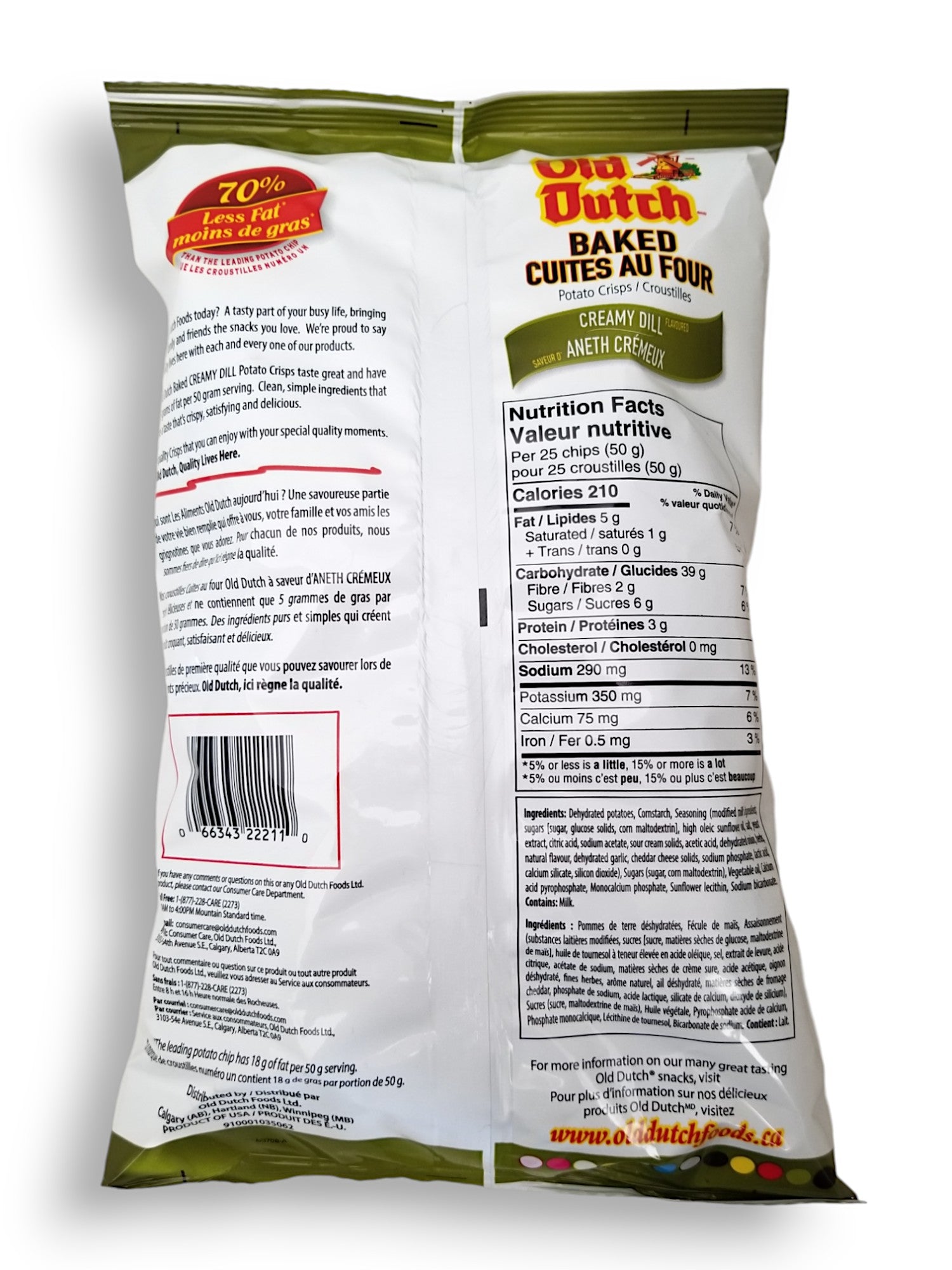 Old Dutch Baked Creamy Dill Flavored Potato Chips, 200g/7 oz., Bag, back of bag