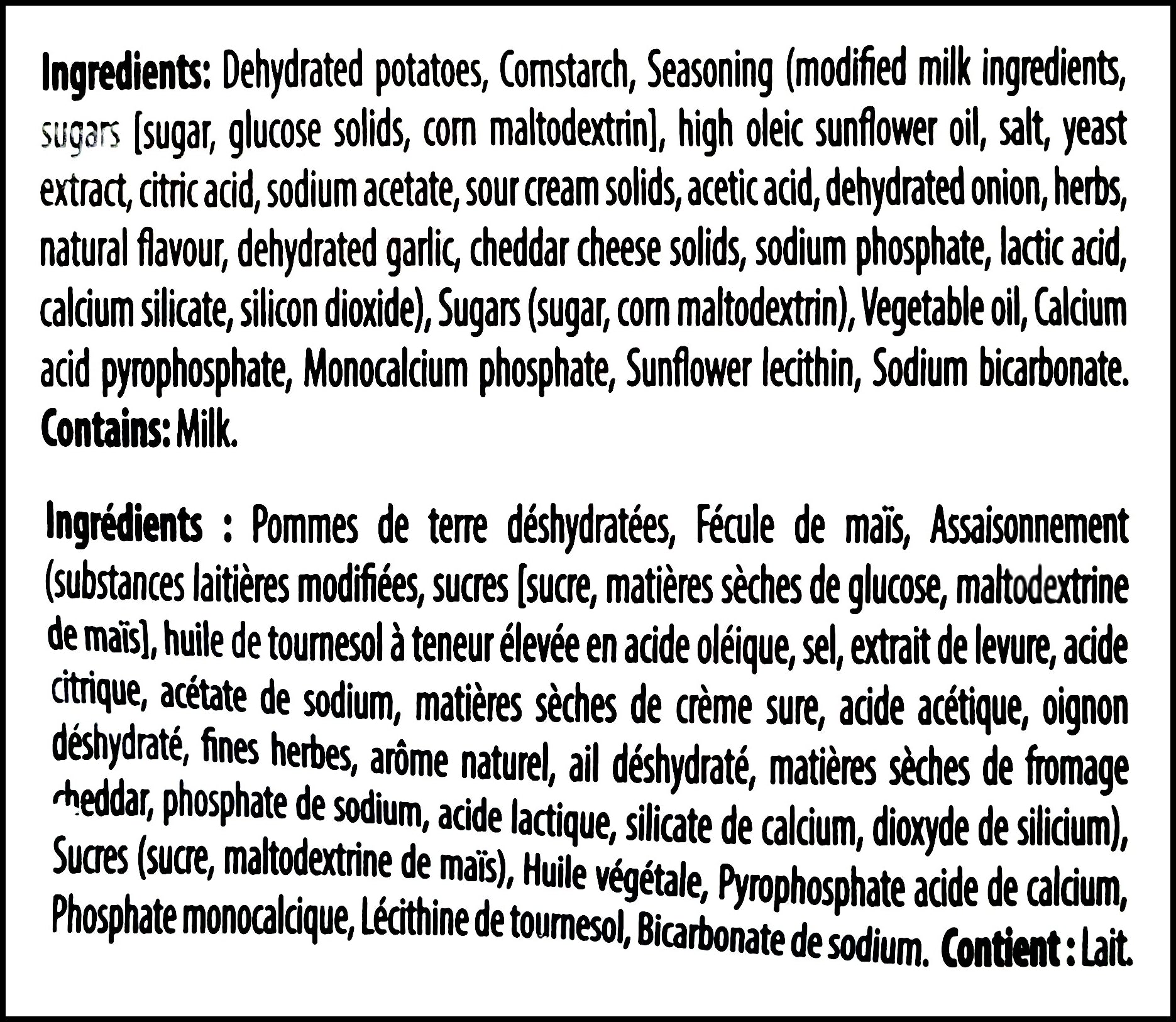 Old Dutch Baked Creamy Dill Flavored Potato Chips, 200g/7 oz., Bag, ingredients label