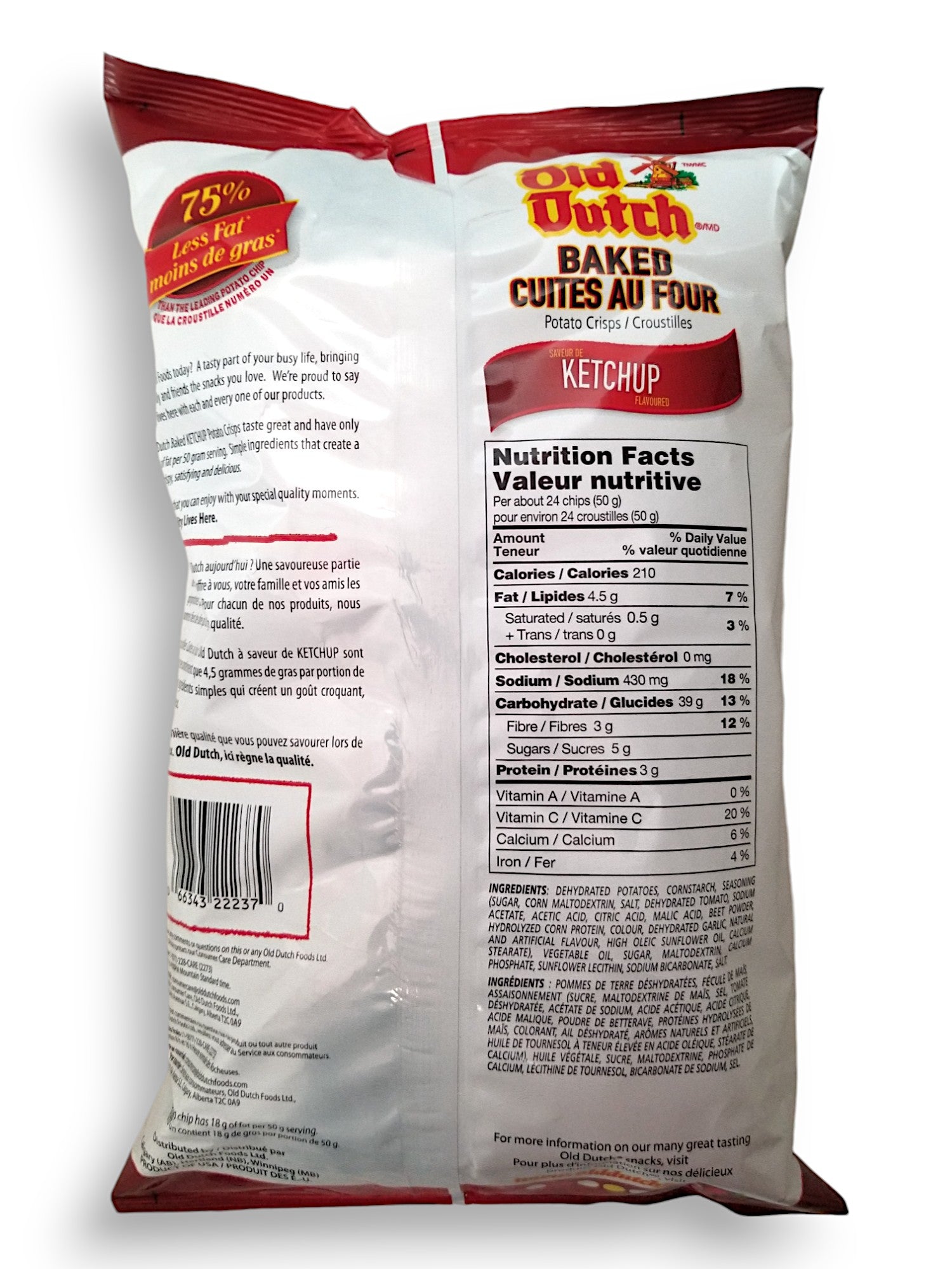Old Dutch Baked Ketchup Flavored Potato Chips, 200g/7 oz., Bag, back of bag