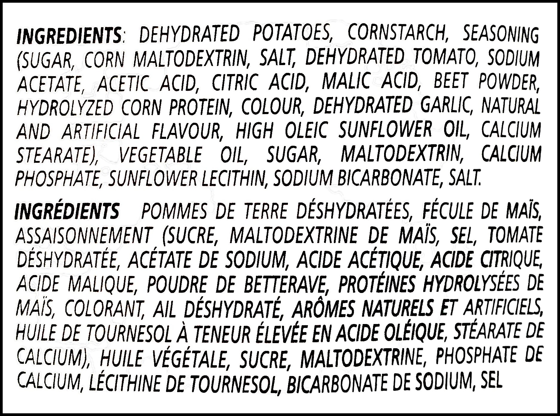 Old Dutch Baked Ketchup Flavored Potato Chips, 200g/7 oz., Bag, ingredients label