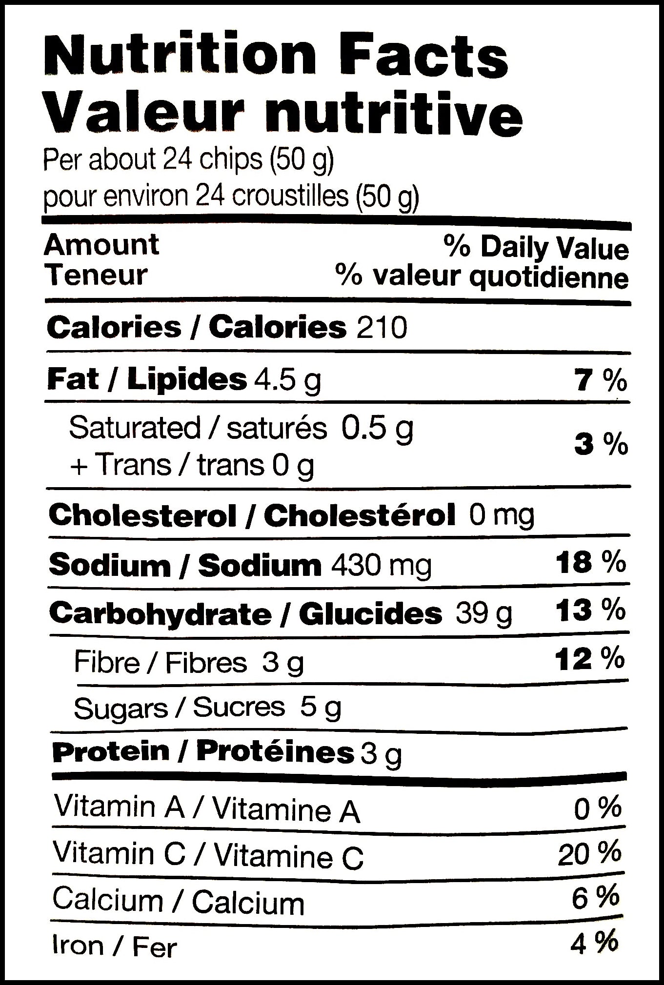 Old Dutch Baked Ketchup Flavored Potato Chips, 200g/7 oz., Bag, nutrition facts label