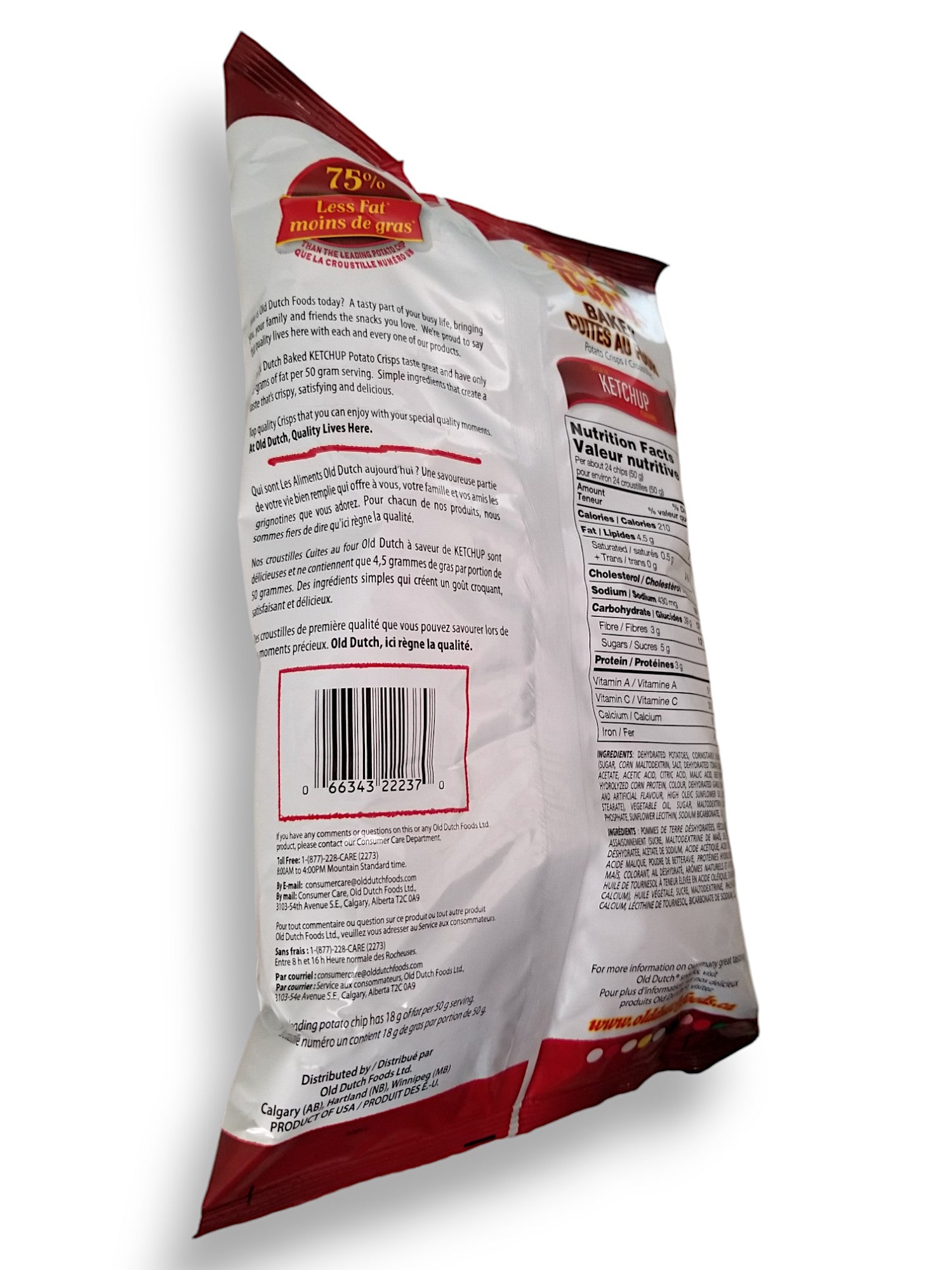 Old Dutch Baked Ketchup Flavored Potato Chips, 200g/7 oz., Bag, side of bag