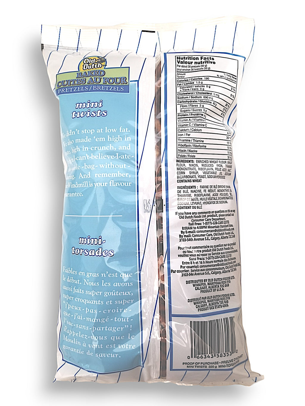 Old Dutch Baked Mini Twists Pretzels, 320g/11.3 oz. Bag, back of bag.