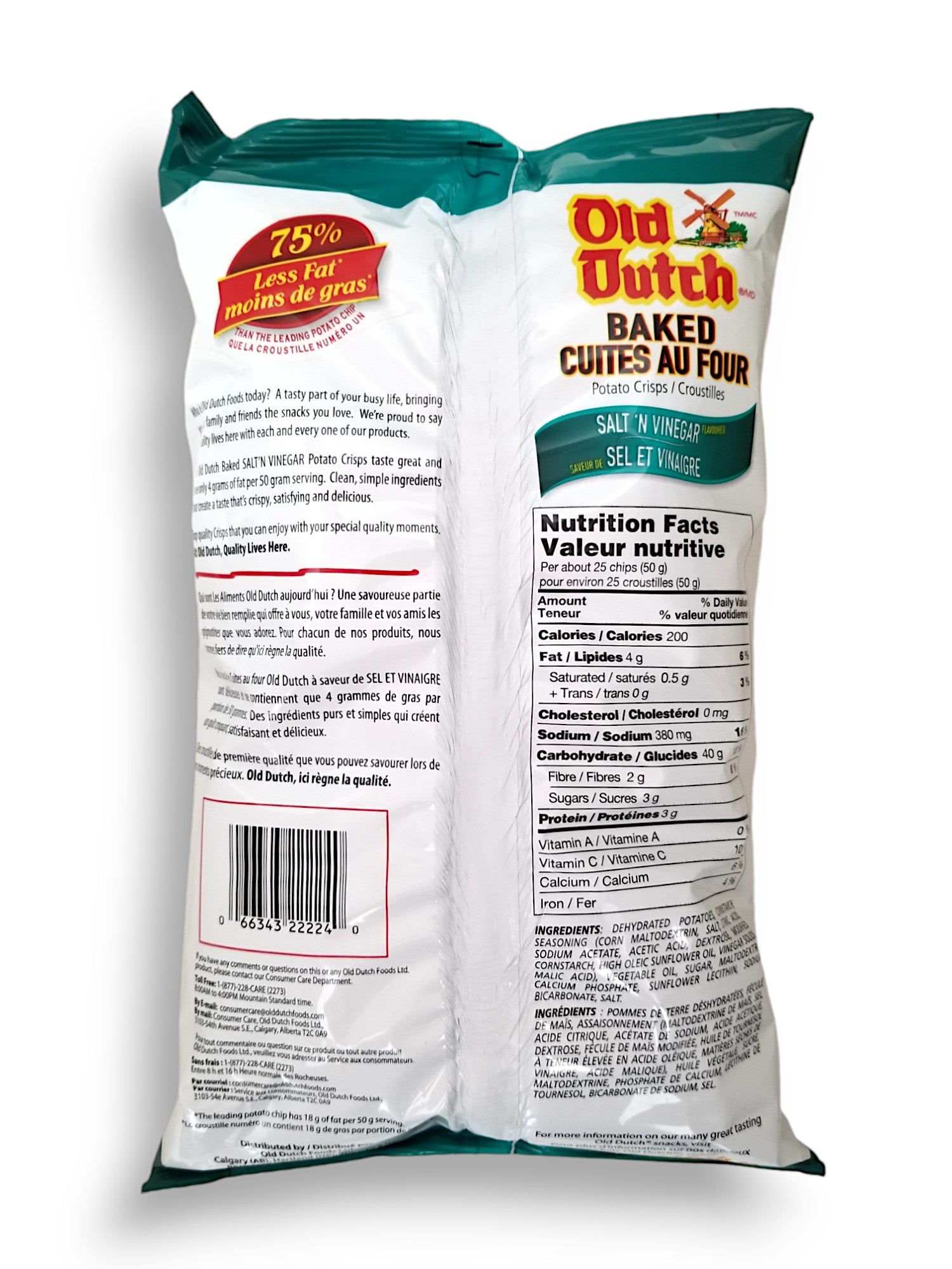 Old Dutch Baked Salt 'N Vinegar Flavored Potato Chips, 200g/7 oz., Bag, back of bag