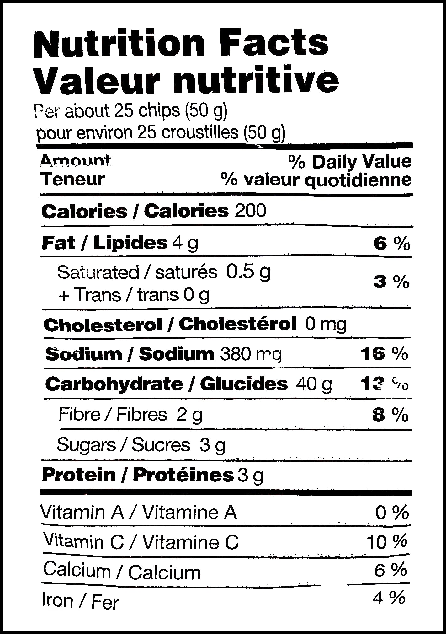 Old Dutch Baked Salt 'N Vinegar Flavored Potato Chips, 200g/7 oz., Bag, nutrition facts label