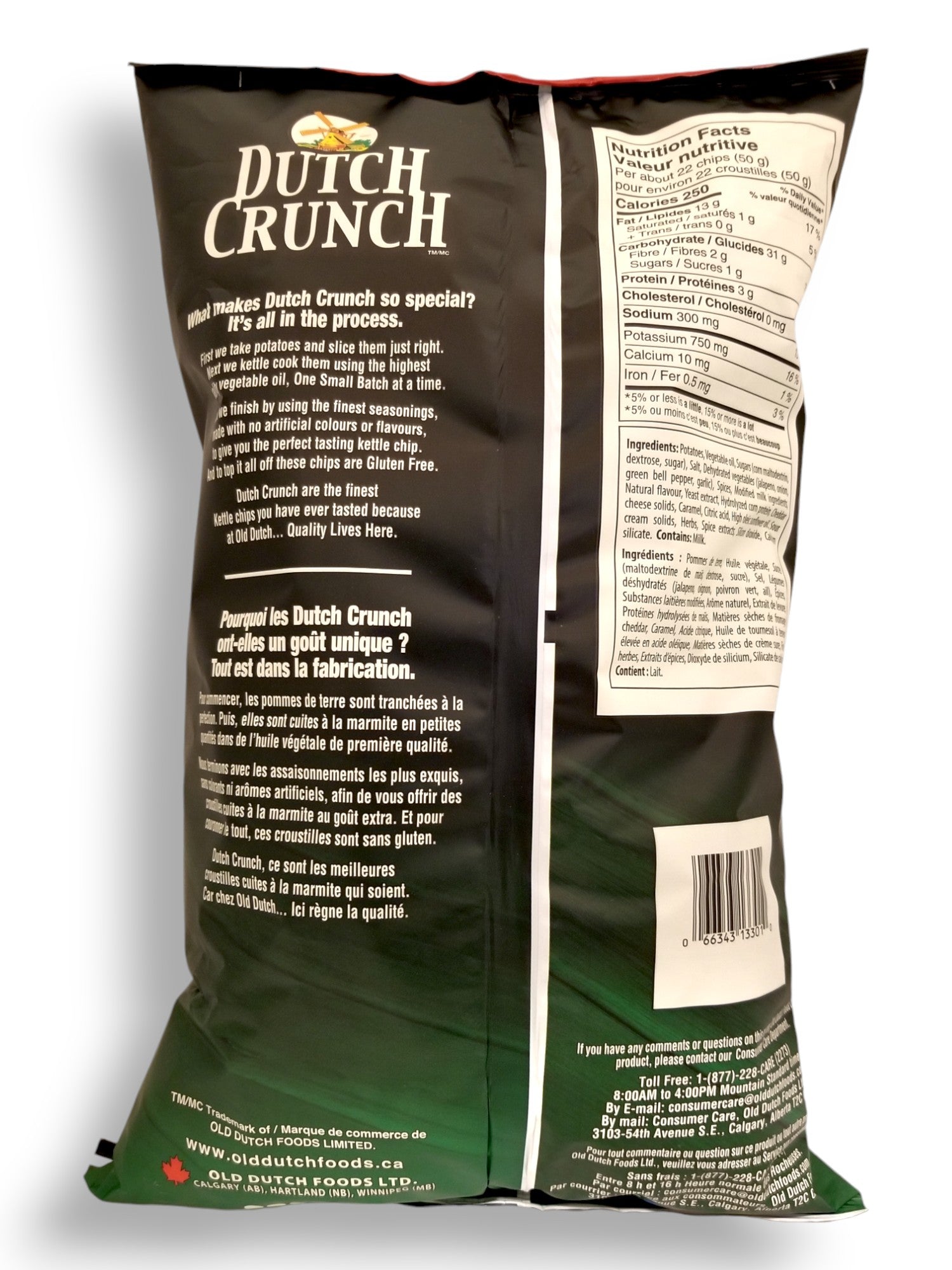 Old Dutch Crunch Jalapeno & Cheddar Kettle Cooked Chips, 525g/1.2 lb., back of bag