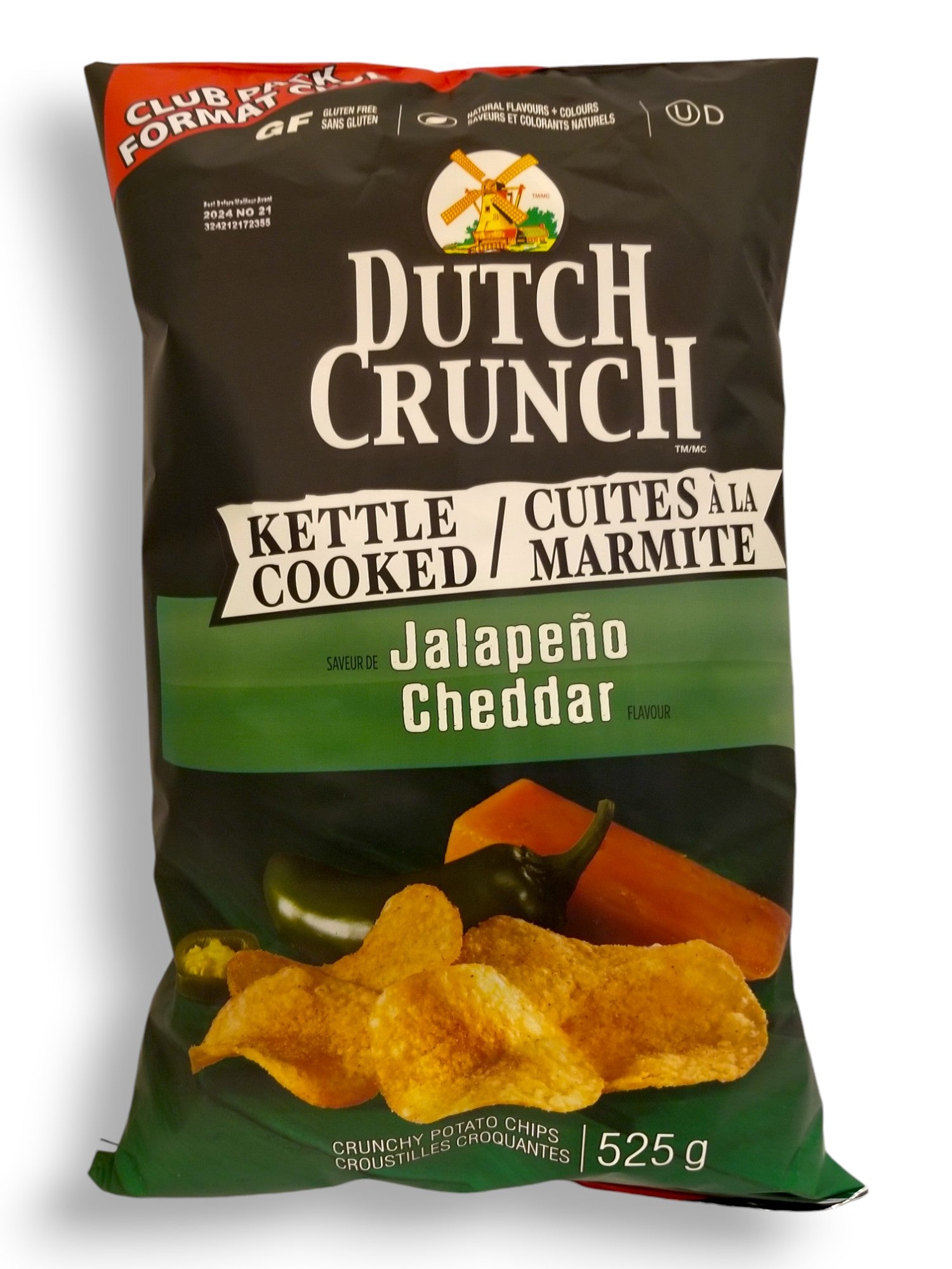 Old Dutch Crunch Jalapeno & Cheddar Kettle Cooked Chips, 525g/1.2 lb., front of bag