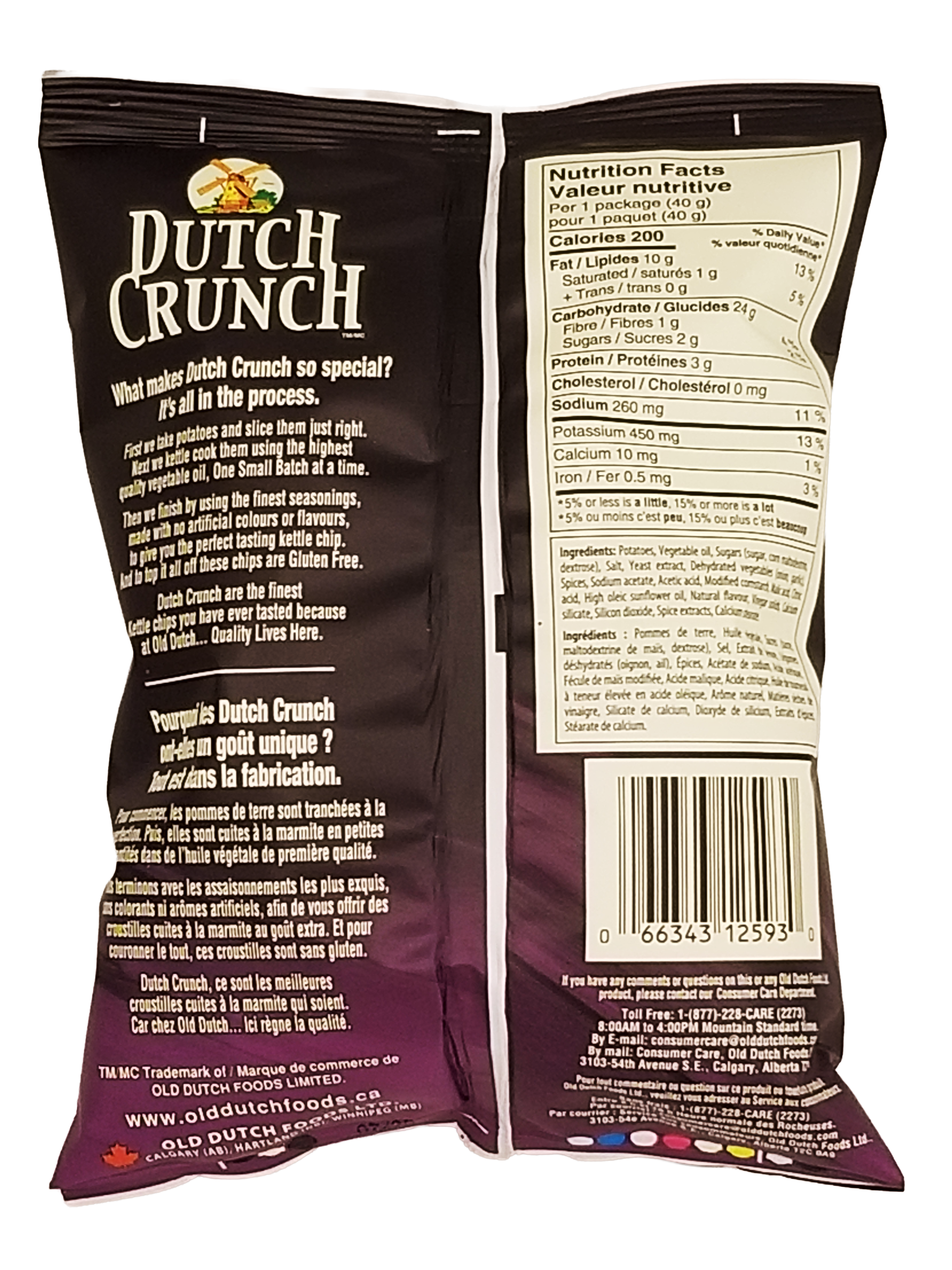 Back view of a Dutch Crunch potato chip bag with nutritional information and branding.