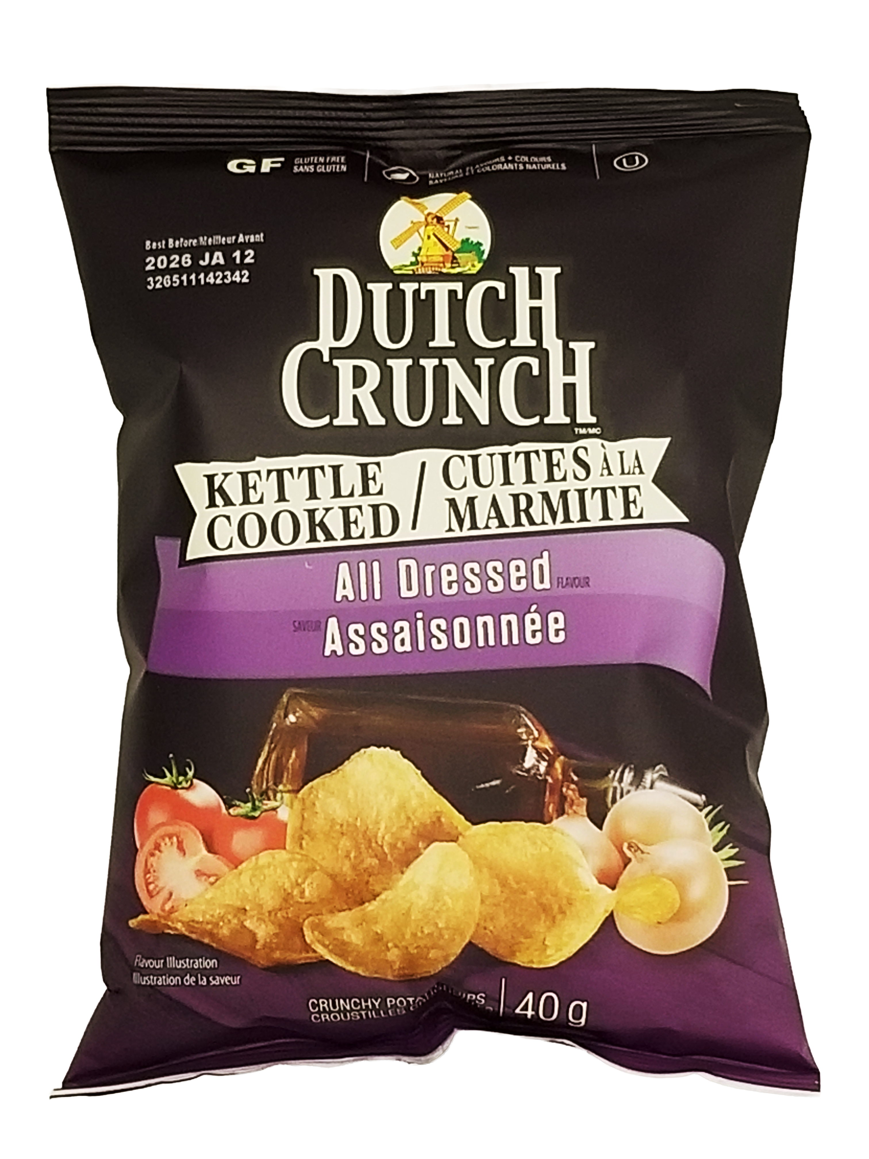 Dutch Crunch kettle cooked chips packaging with visible branding and product details.