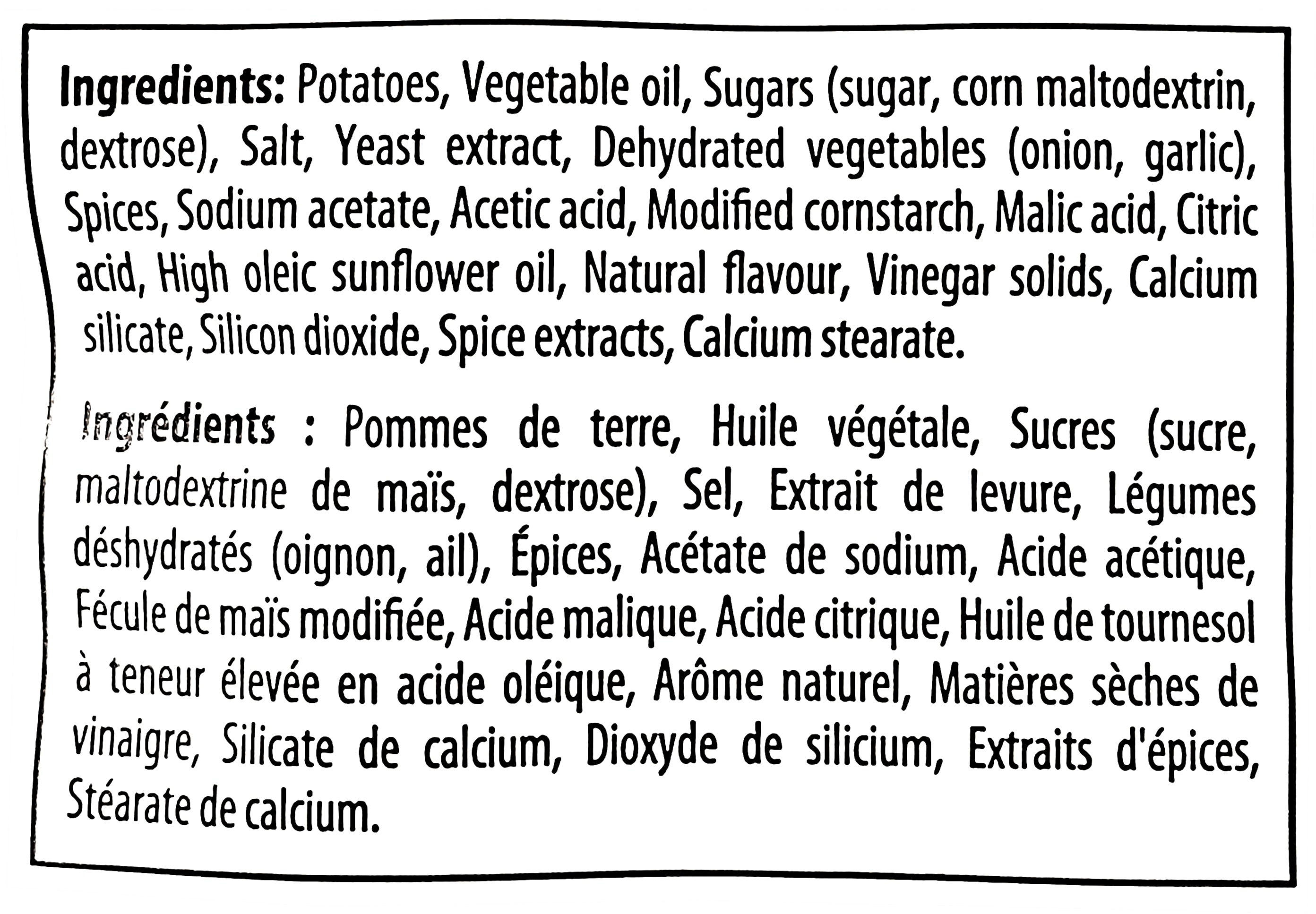 Ingredients list for Dutch Crunch Kettle Cooked All Dressed Potato Chips on a black background