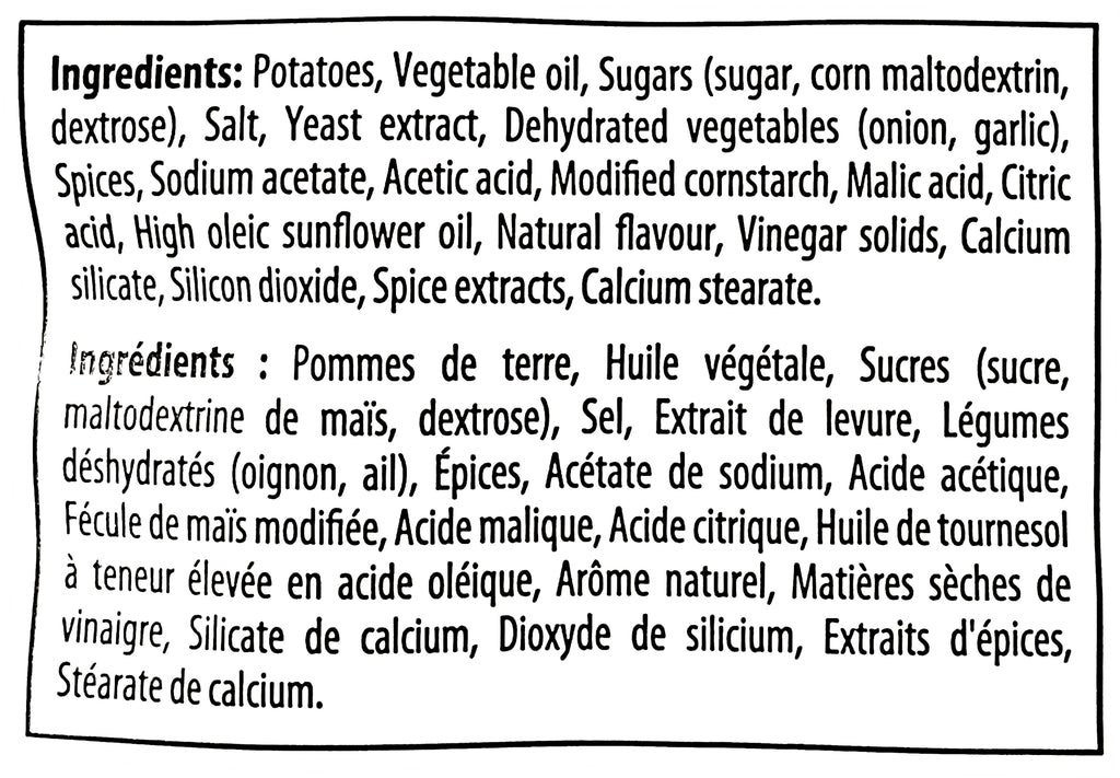 Ingredients list for Dutch Crunch Kettle Cooked All Dressed Potato Chips on a black background