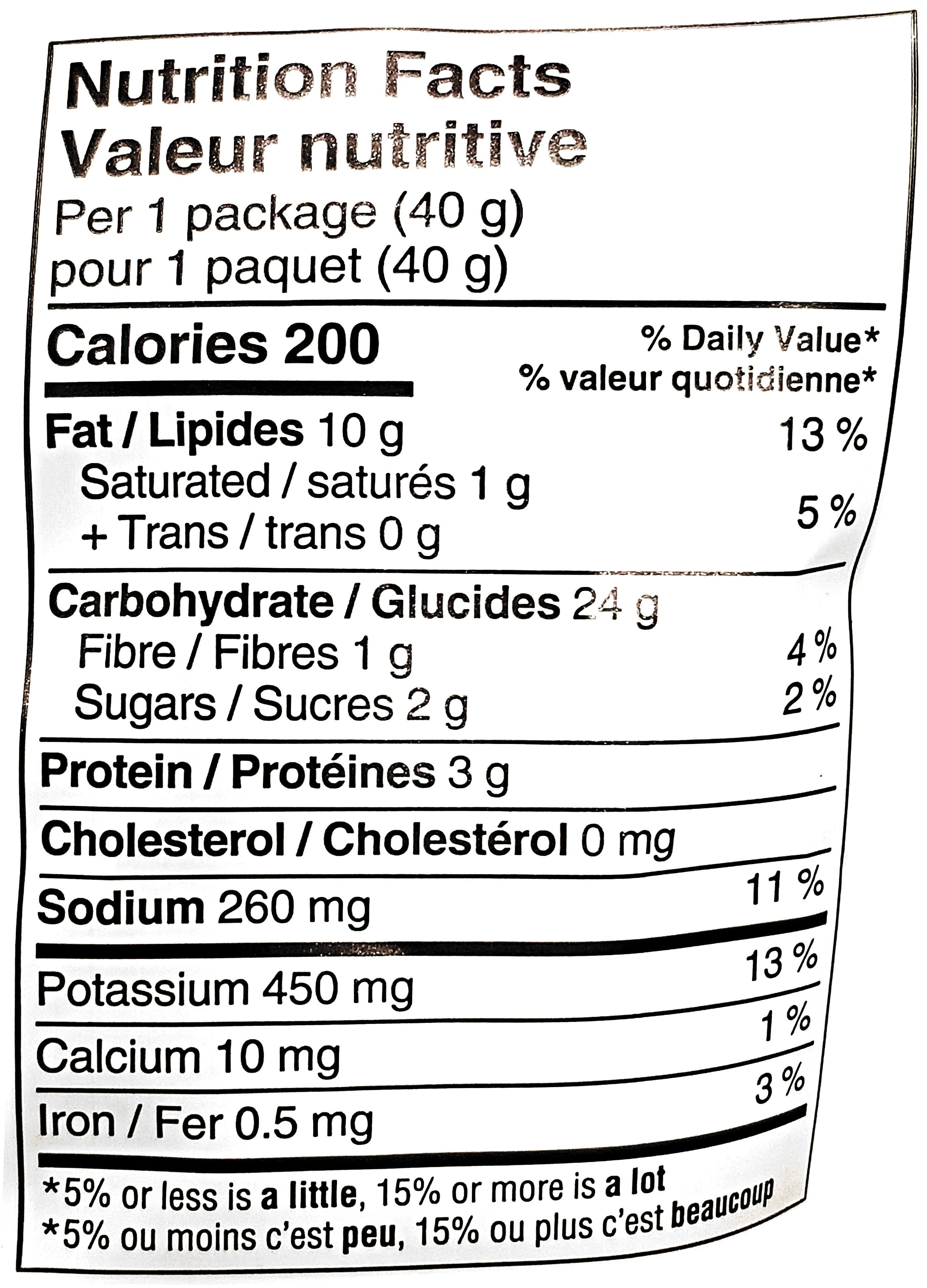 Nutrition facts label for Dutch Crunch Kettle Cooked All Dressed Potato Chips