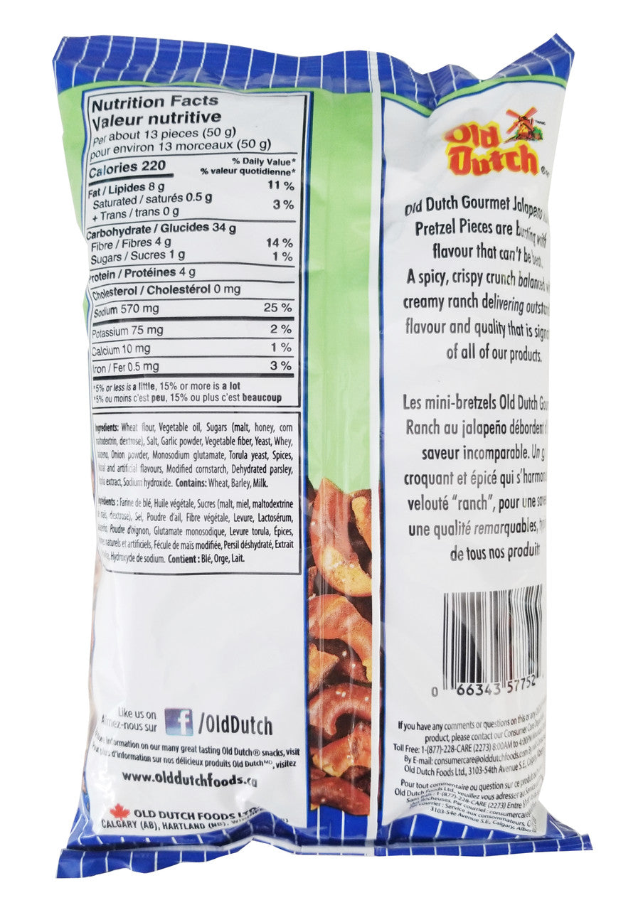 Old Dutch Gourmet Jalapeno Ranch Pretzel Bites, 250g/8.75oz. Bag Back Side