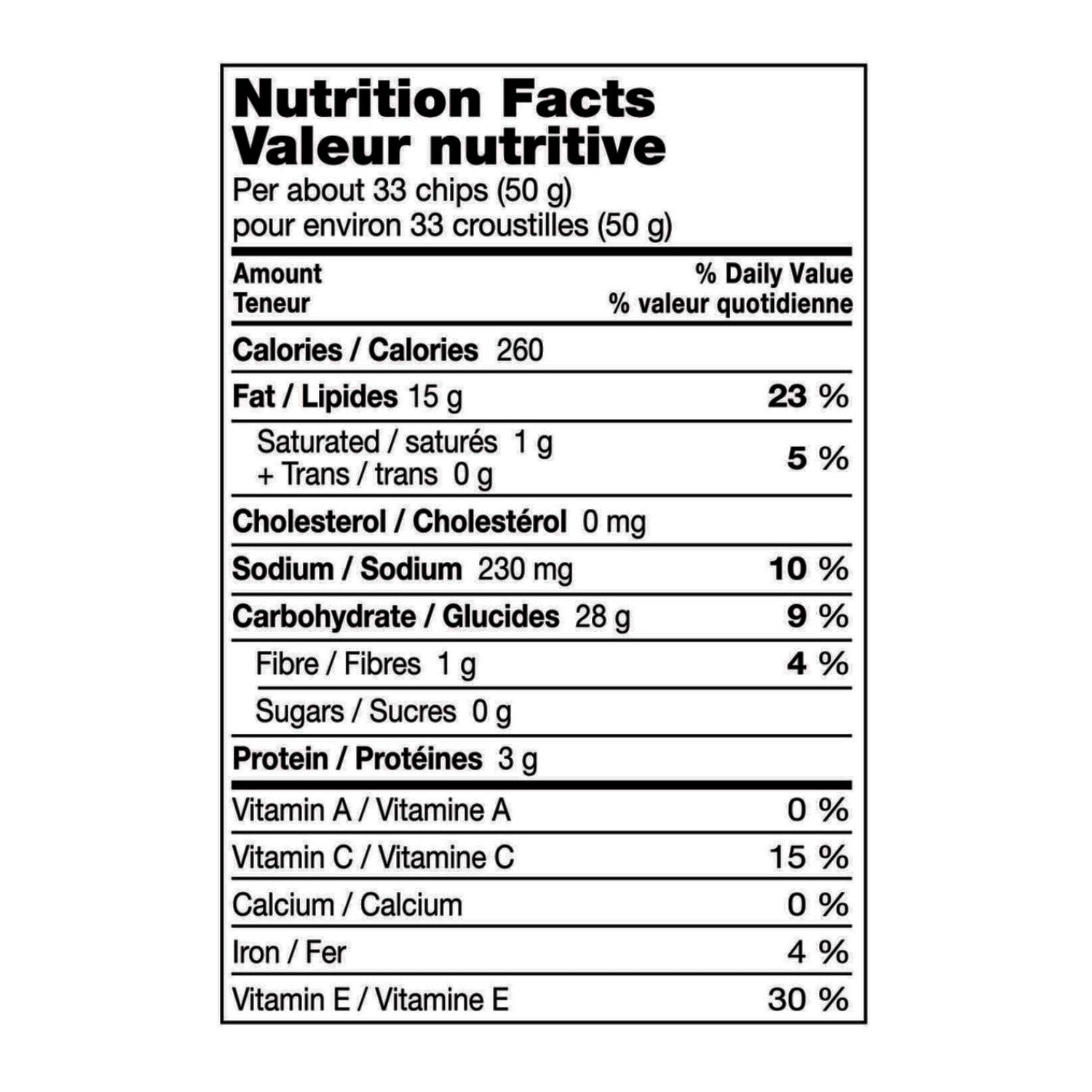 Old Dutch Original Potato Chips 40g (1.4 oz) 40 pack - nutrition facts panel