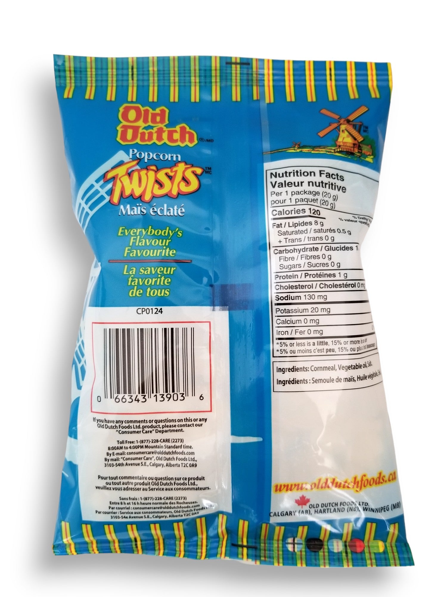 Old Dutch Popcorn Twists, convenient snack size, 20g, back of bag.