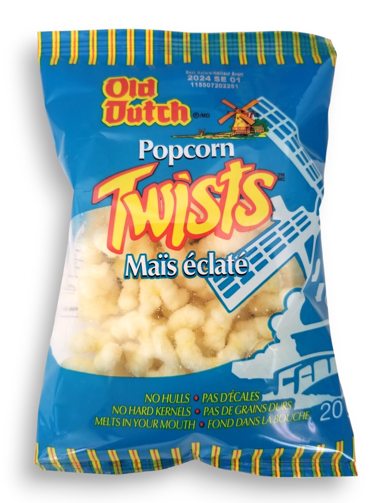 Old Dutch Popcorn Twists, convenient snack size, 20g, front of bag.