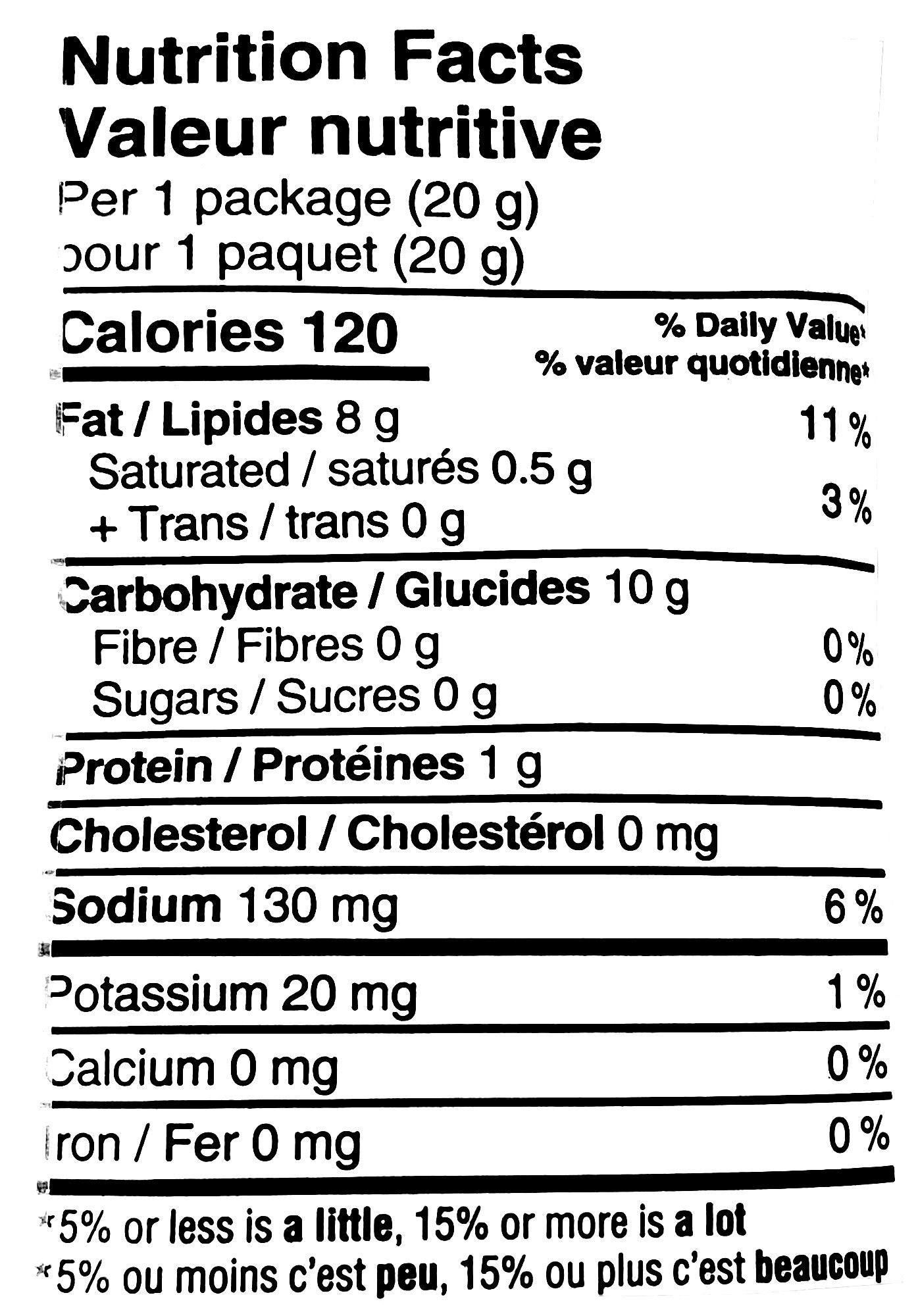 Old Dutch Popcorn Twists, convenient snack size, 20g, nutrition facts label.