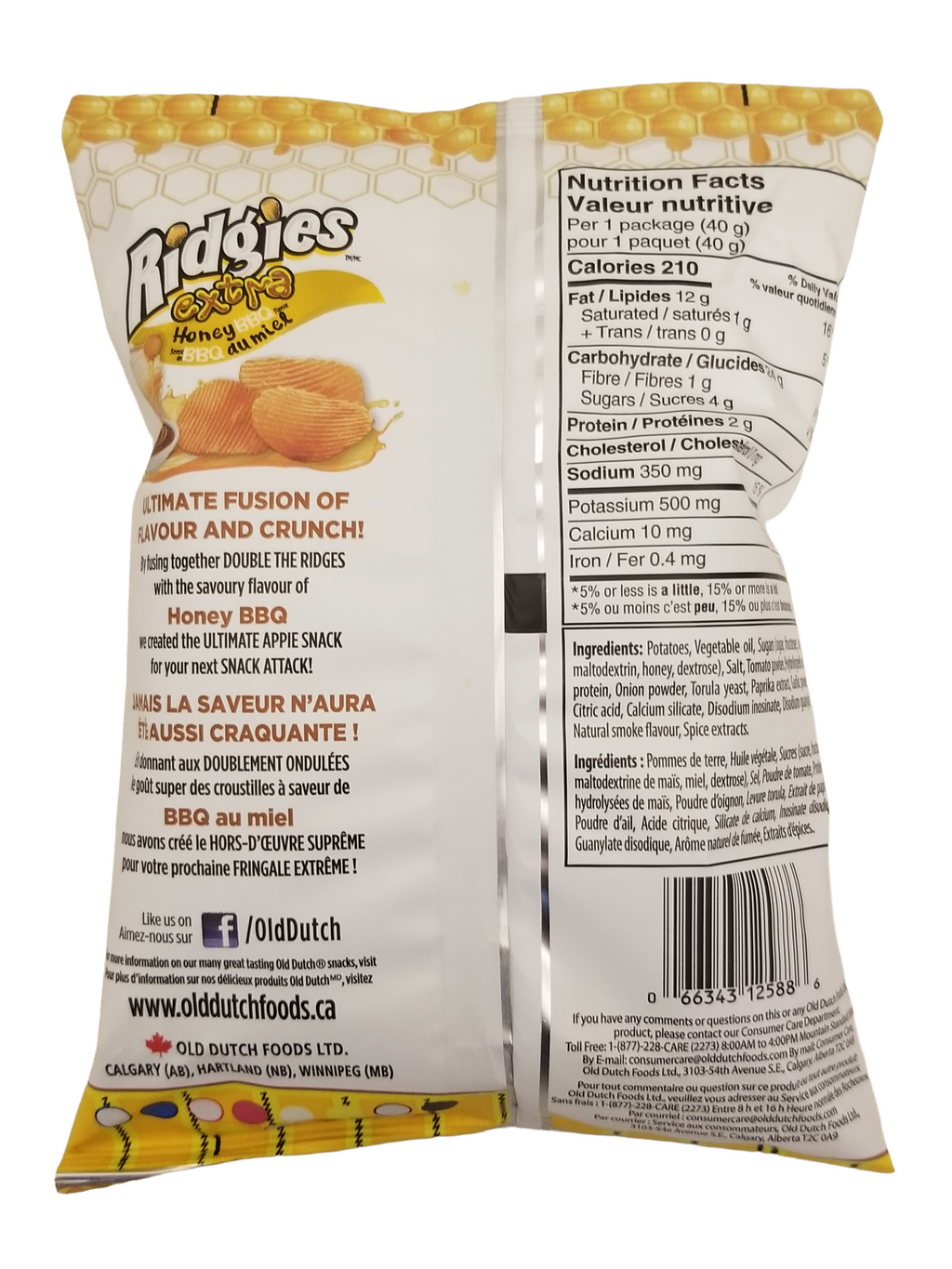 Back view of a Ridgies Honey BBQ snack package 40g with nutritional information and ingredients listed.