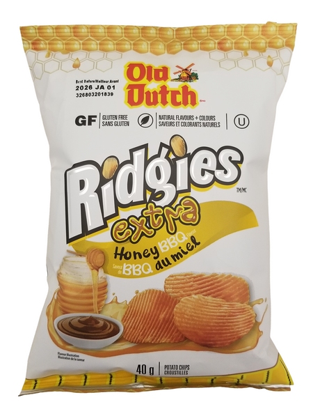 Old Dutch Ridgies Extra Honey BBQ snack package 40g on a white background