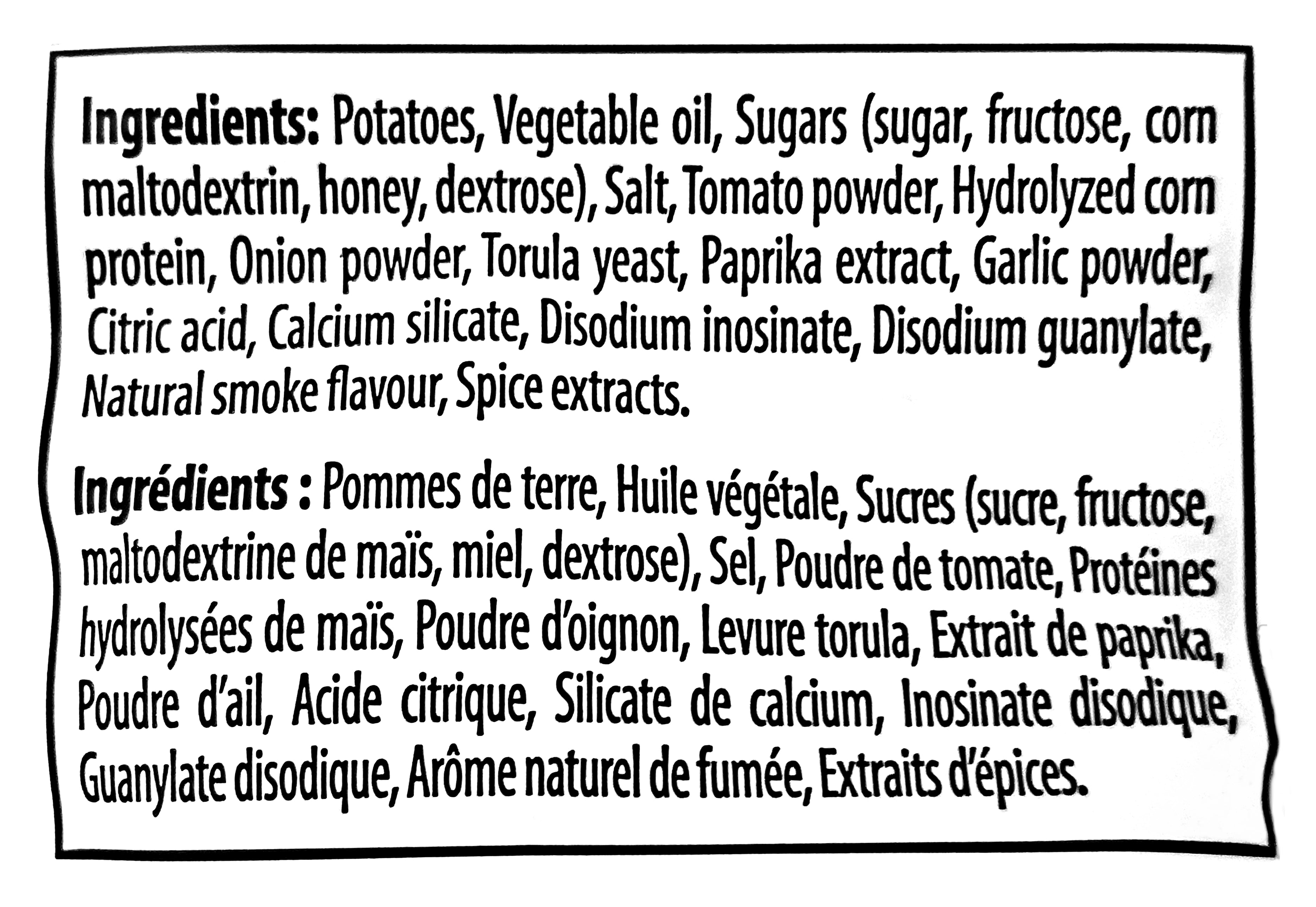 List of ingredients for Old Dutch Ridgies Extra Honey BBQ Potato Chips - 40g with a black border on a white background