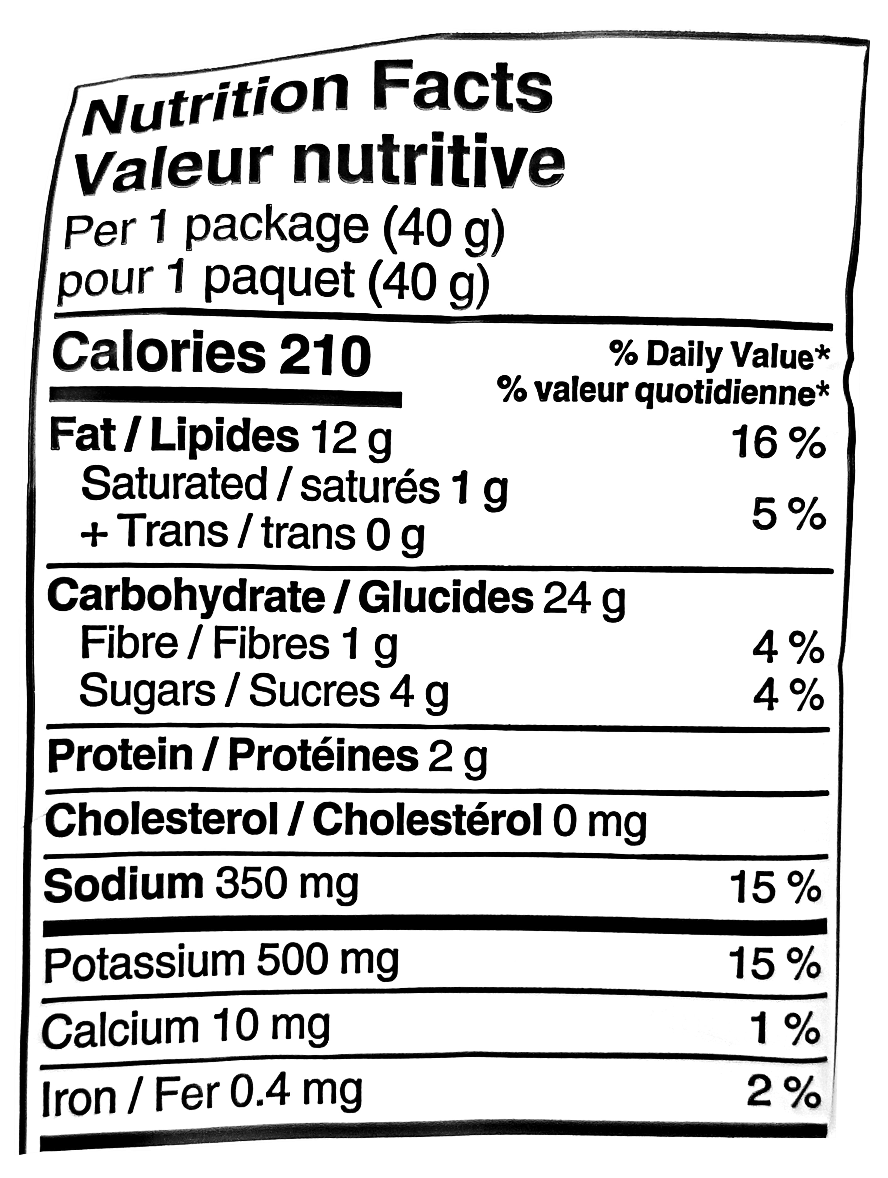 Nutrition facts label for Old Dutch Ridgies Extra Honey BBQ Potato Chips - 40g with black text on a white background
