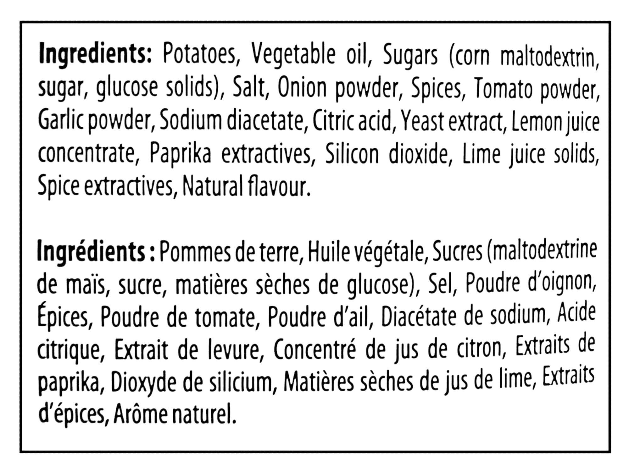 Old Dutch Ridgies Masala Flavored Potato Chips, 200g/7 oz - Ingredients Label