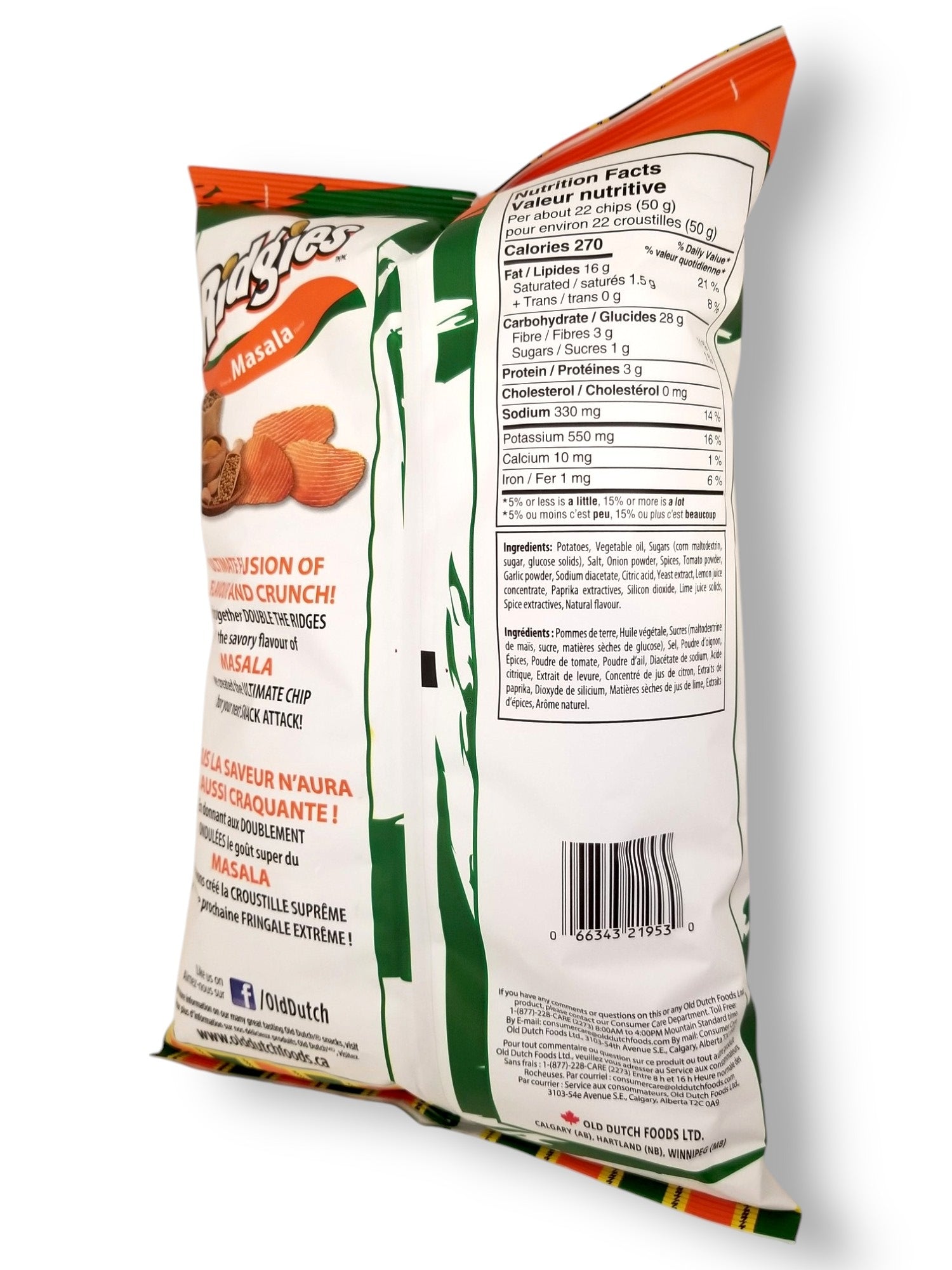 Old Dutch Ridgies Masala Flavored Potato Chips, 200g/7 oz - Side Of Bag