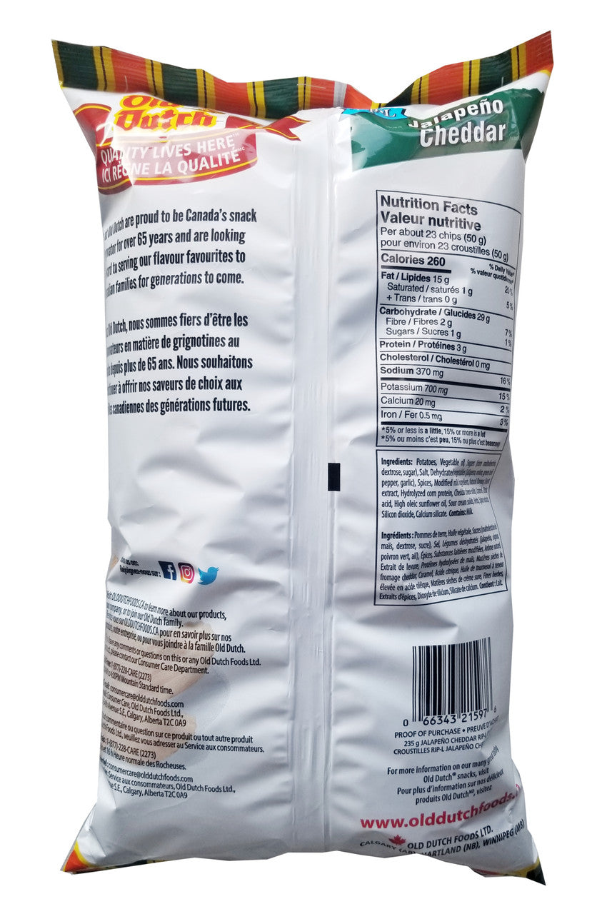 Old Dutch Rip-L Potato Chips Jalapeno Cheddar 235g/8.2 oz. {Imported from Canada}
