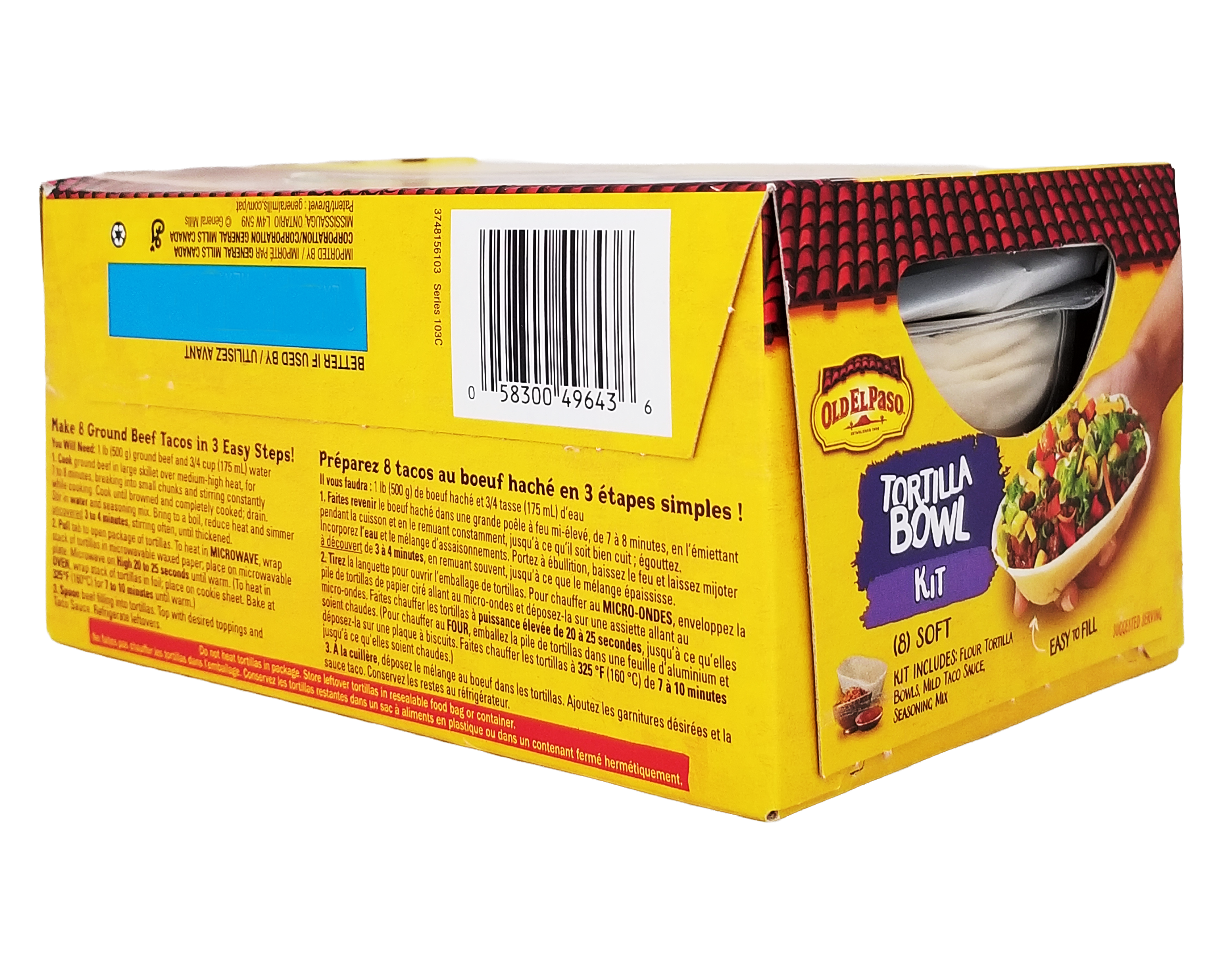Yellow package of Old El Paso tortilla bowl kit with text and a barcode on a white background