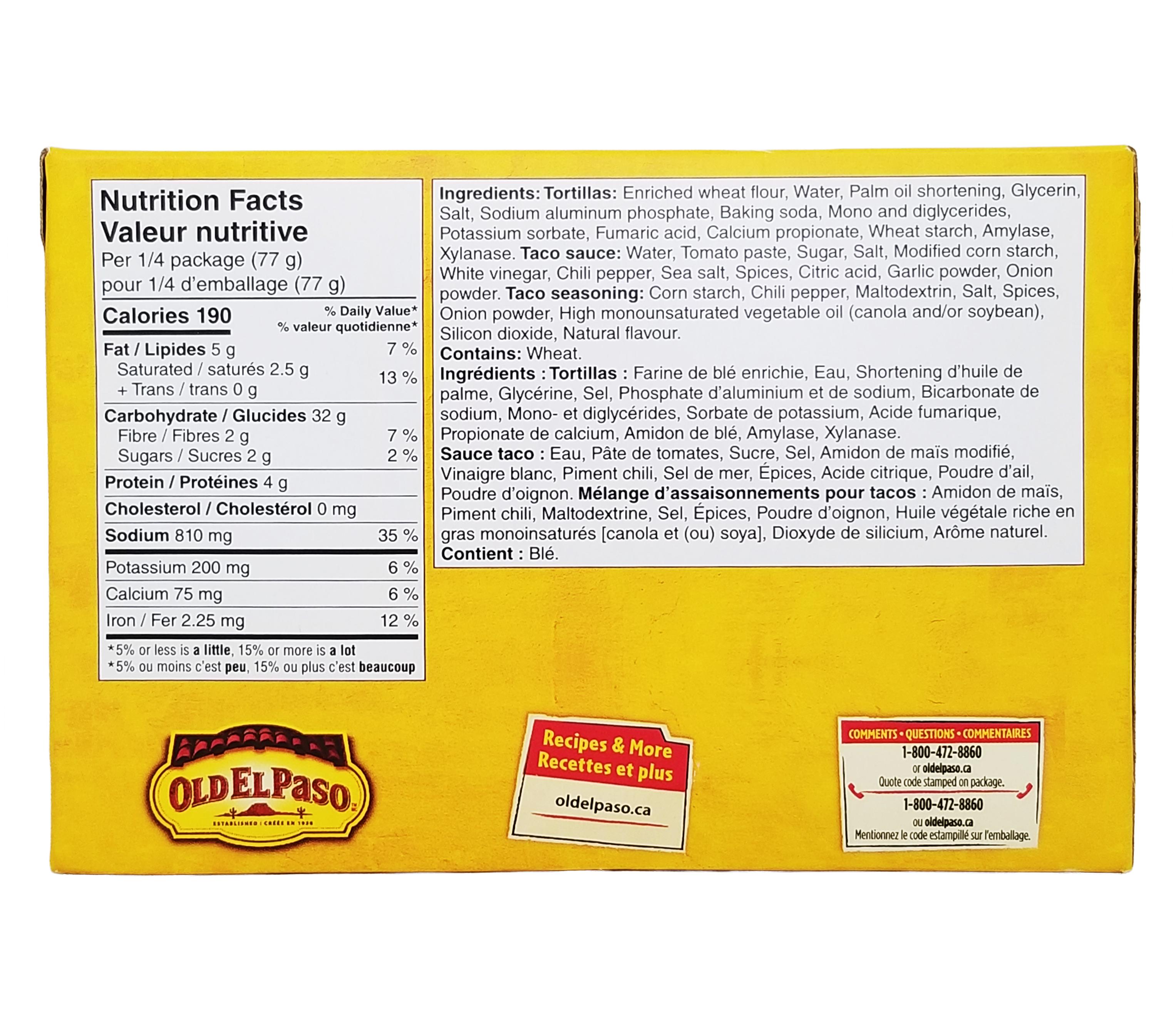 Yellow box of Old El Paso tortillas with nutrition facts and ingredient list.