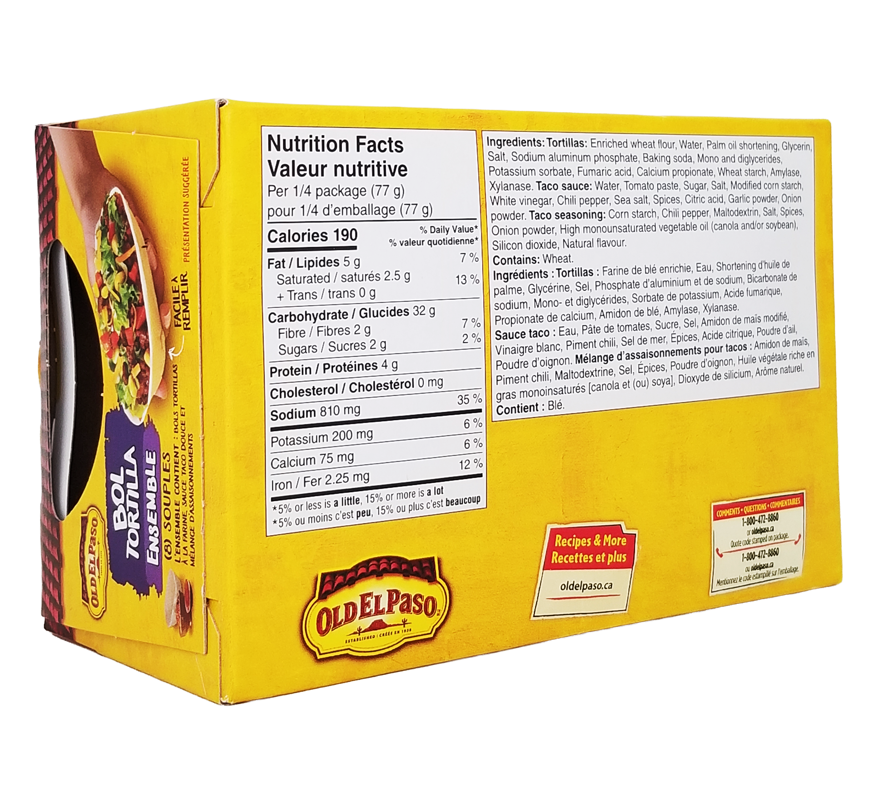 Yellow Old El Paso tortilla package with nutrition facts and ingredient list.