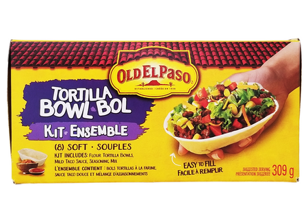 Old El Paso Tortilla Bowl Kit packaging with a hand holding a bowl of salad.
